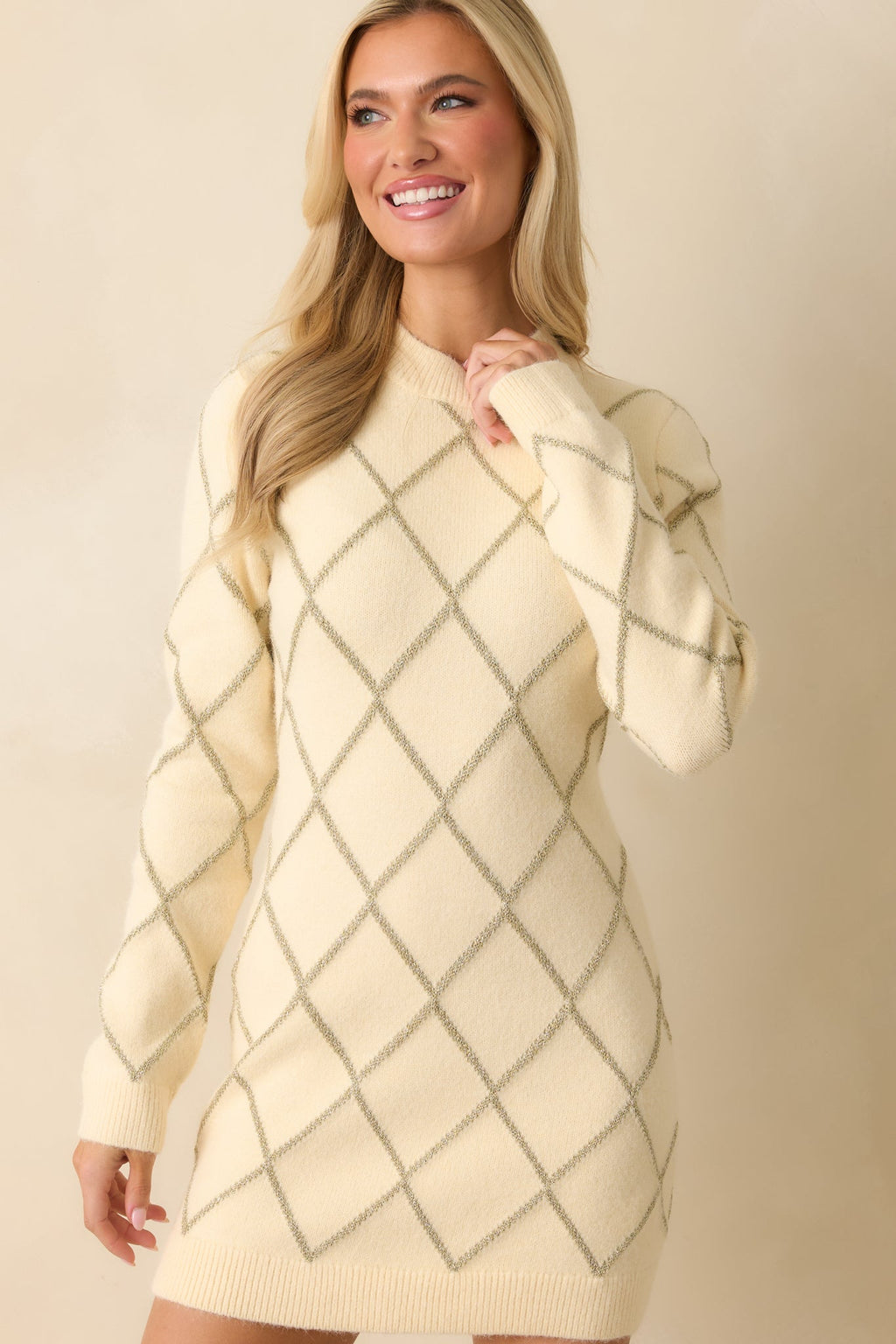 Bright On Arrival Ivory Knit Metallic Argyle Sweater Dress