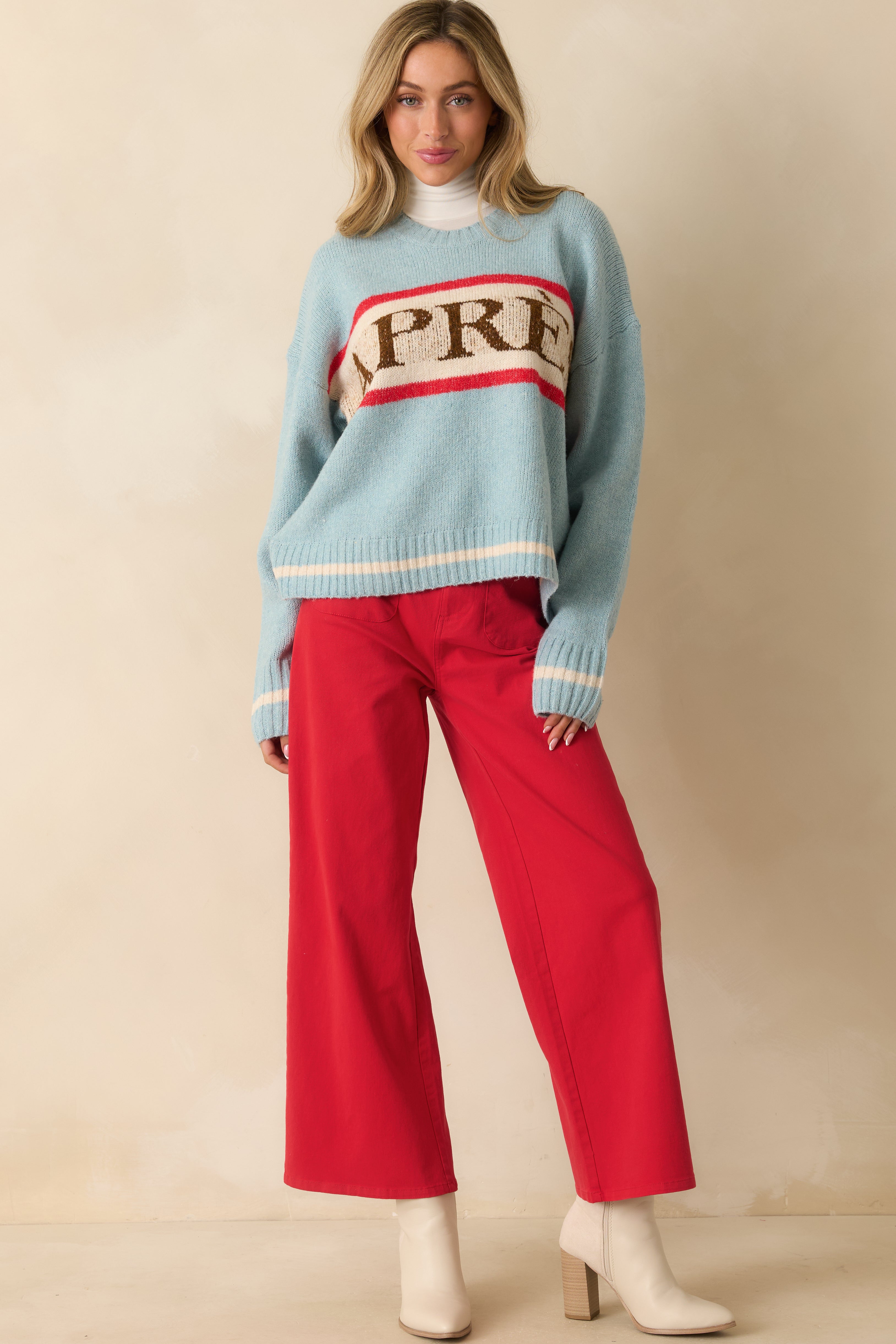 Off the Slopes Soft Blue Après Knit Pullover Sweater