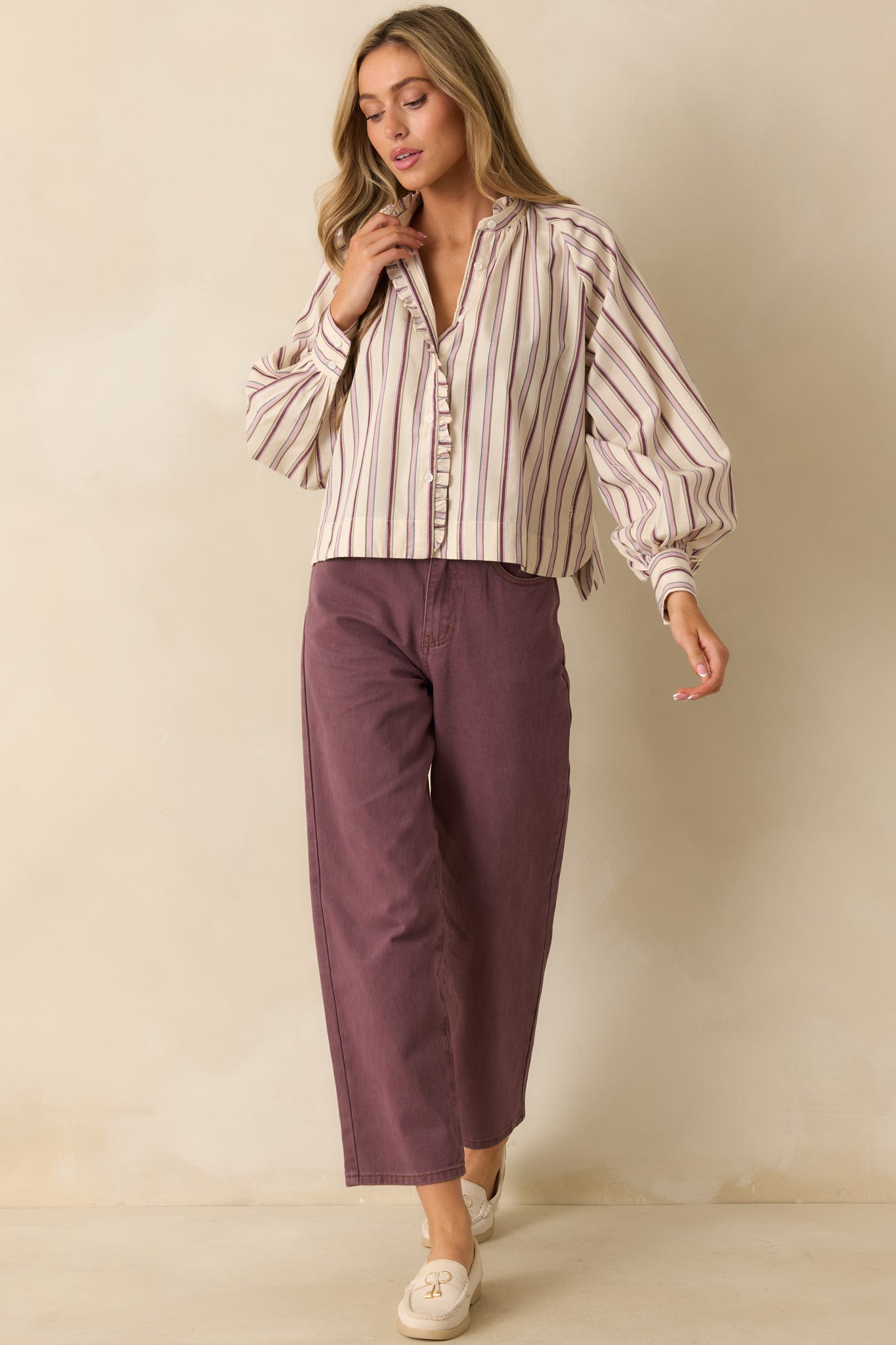 FRNCH Ivory & Lilac Striped Button Up Molly Shirt