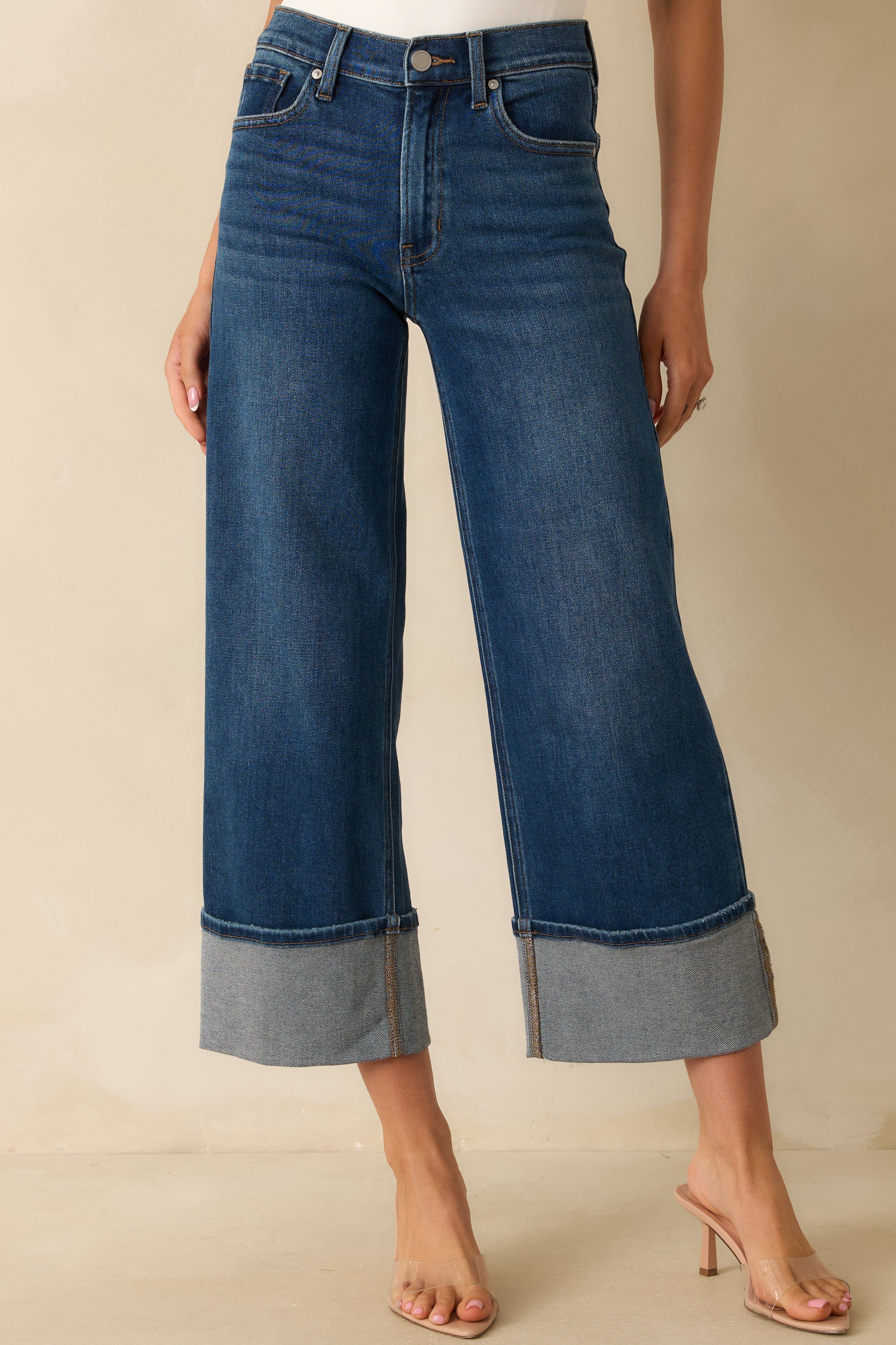 Long Story Short Deep Vintage Indigo Wide-Leg Cuffed Jeans