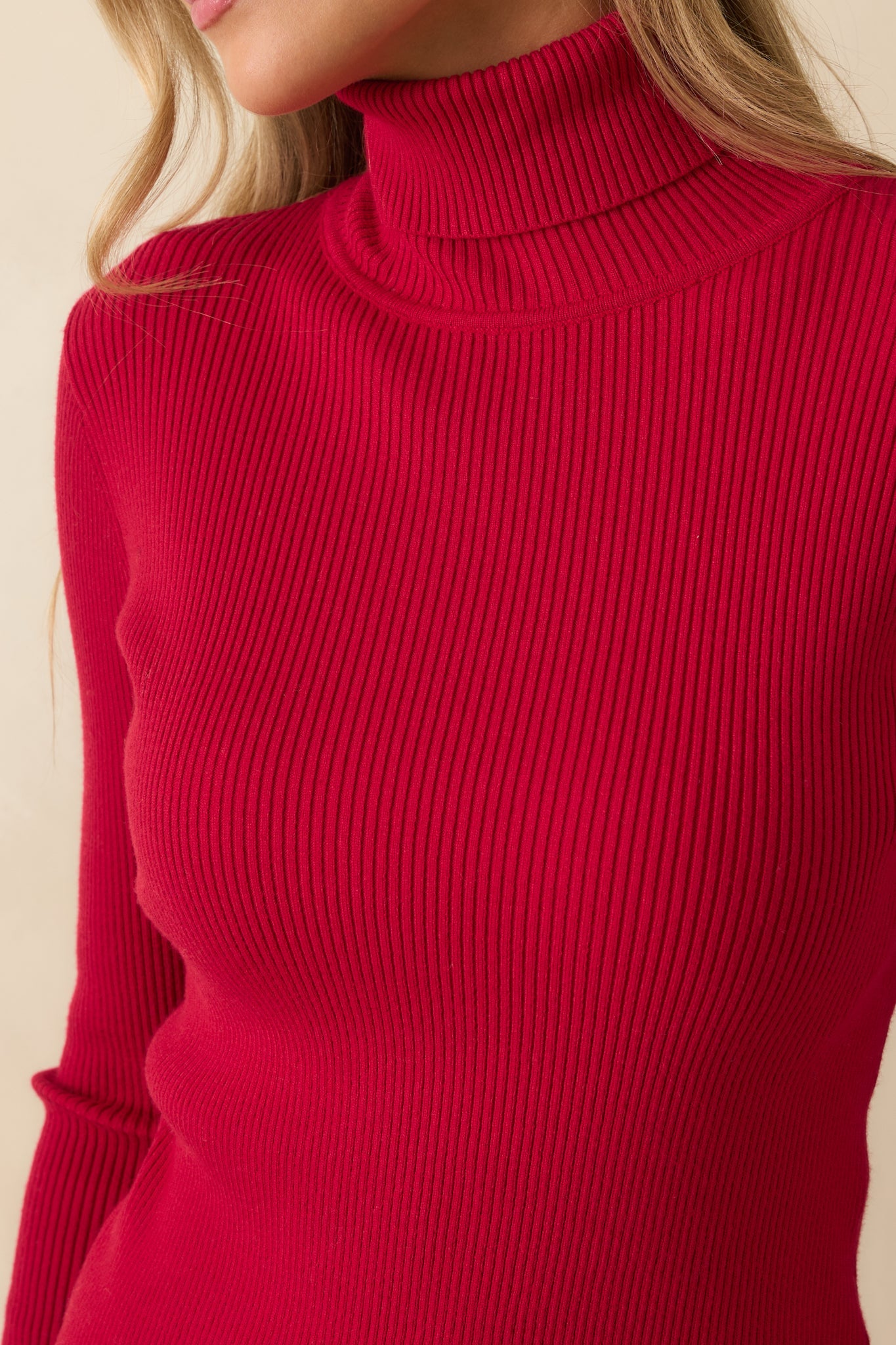 That's My Call Red Ribbed Knit Turtleneck Sweater