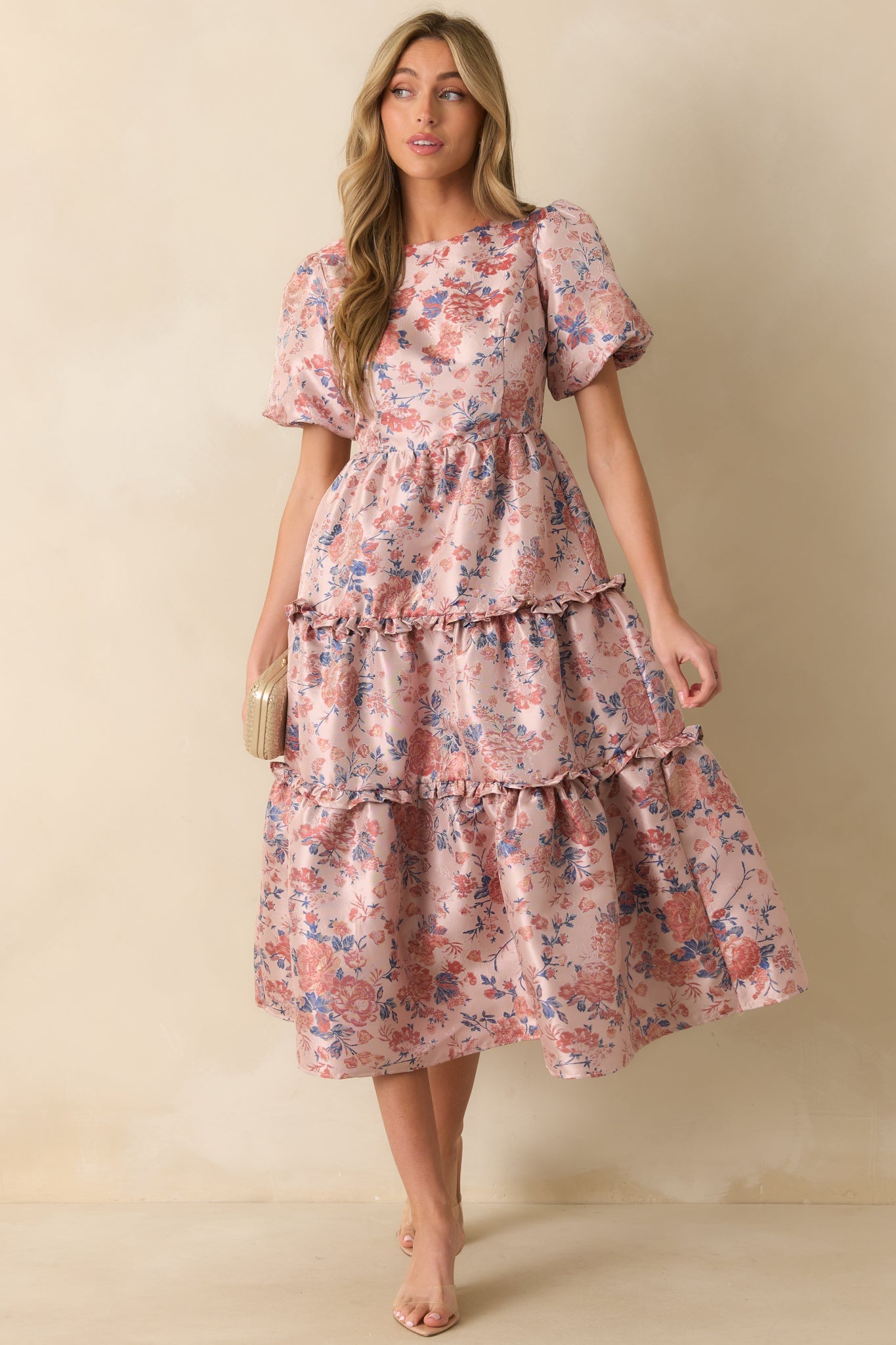 Follow My Lead Mauve Floral Jacquard Midi Dress