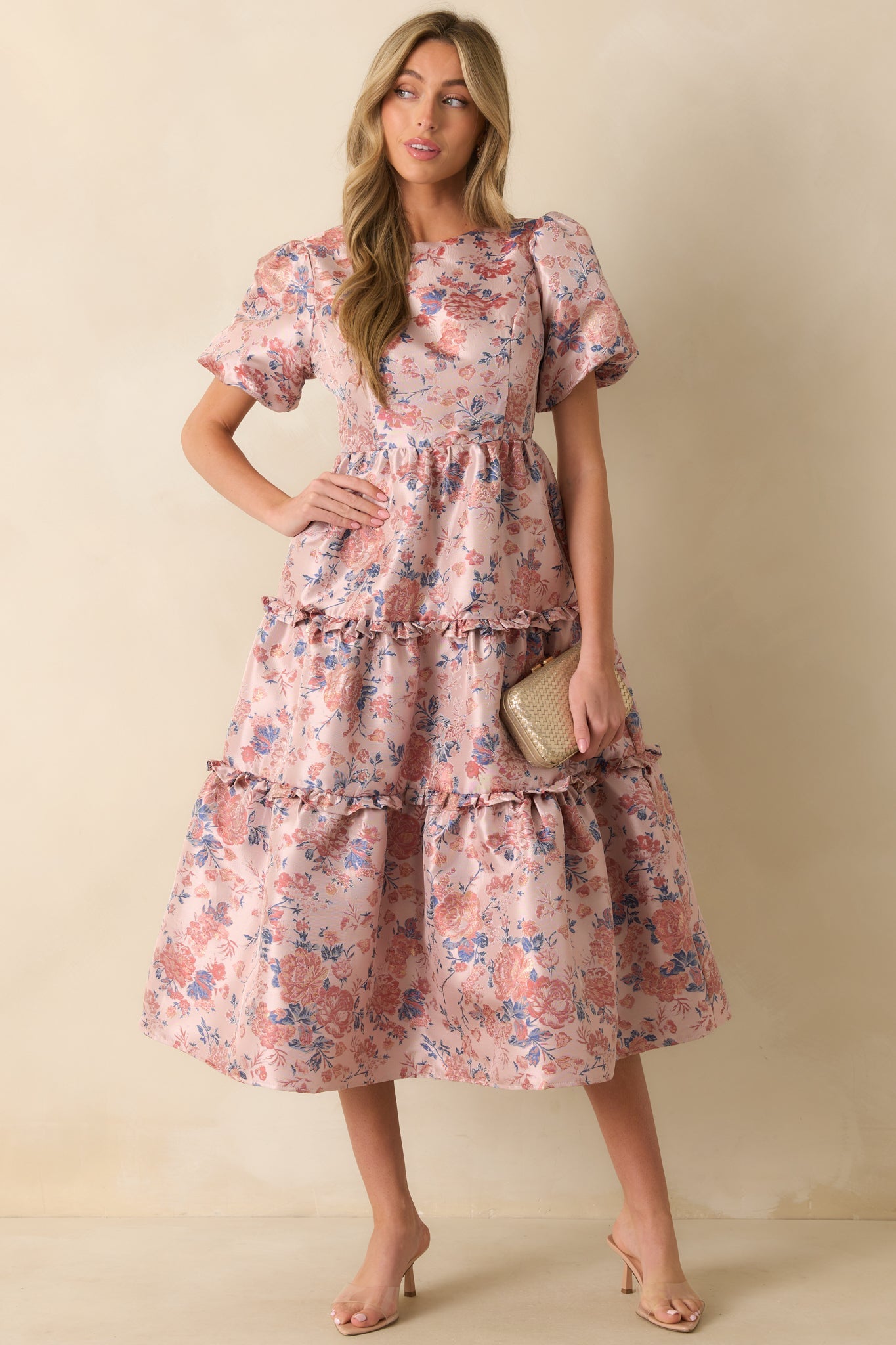 Follow My Lead Mauve Floral Jacquard Midi Dress