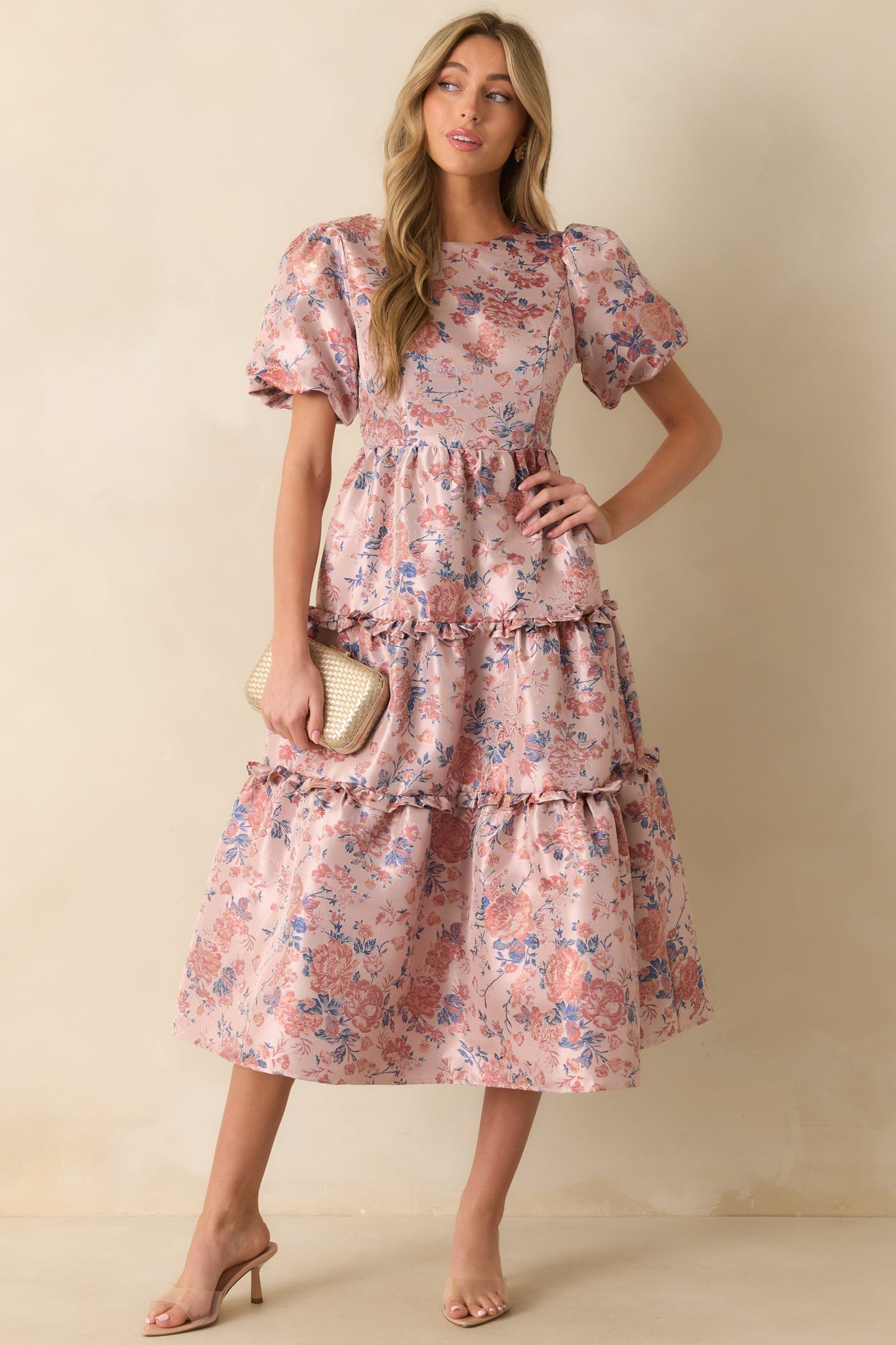 Follow My Lead Mauve Floral Jacquard Midi Dress