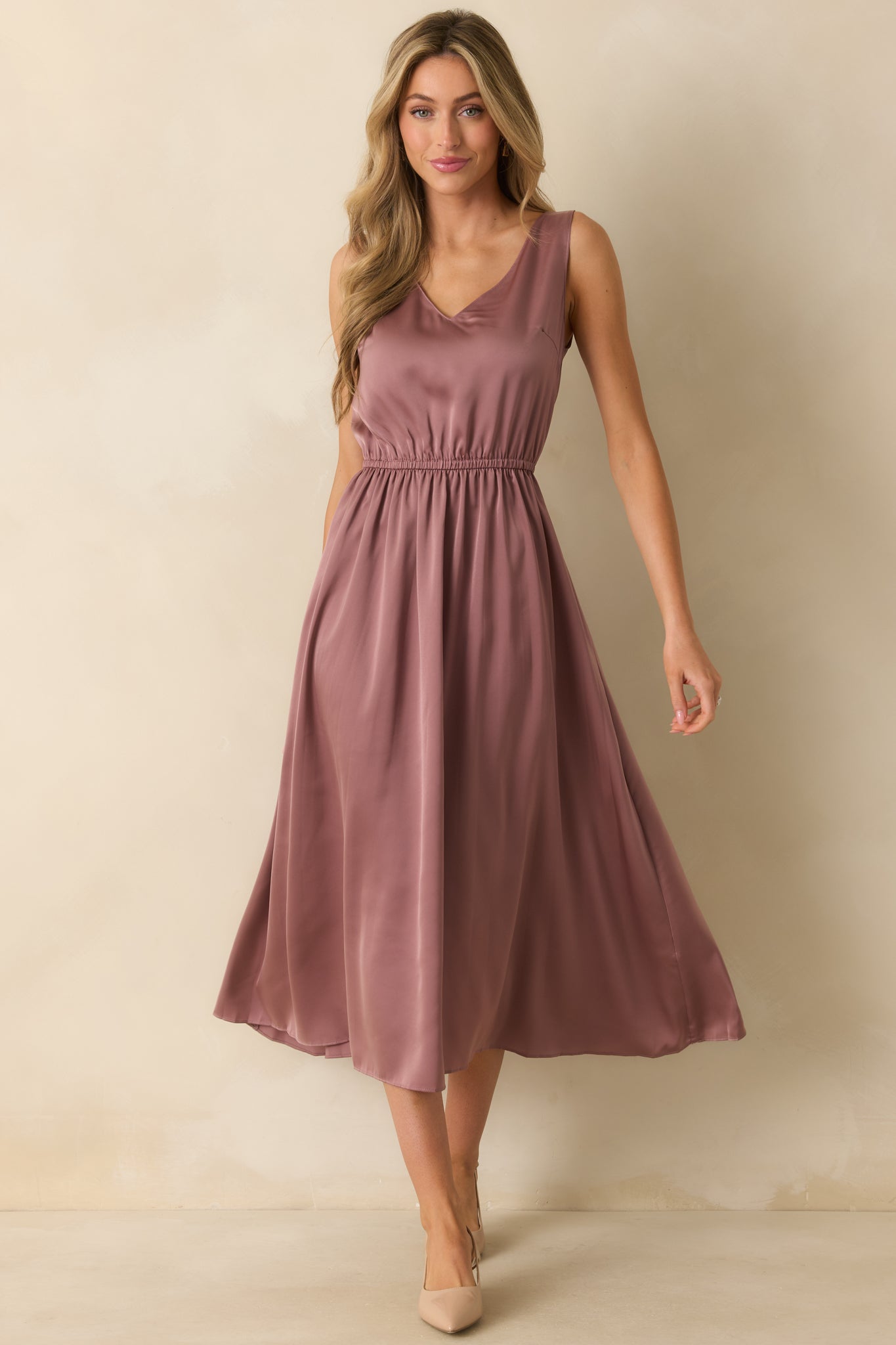 Take A Little Time Mauve Knit Sweater Satin Maxi Dress Set