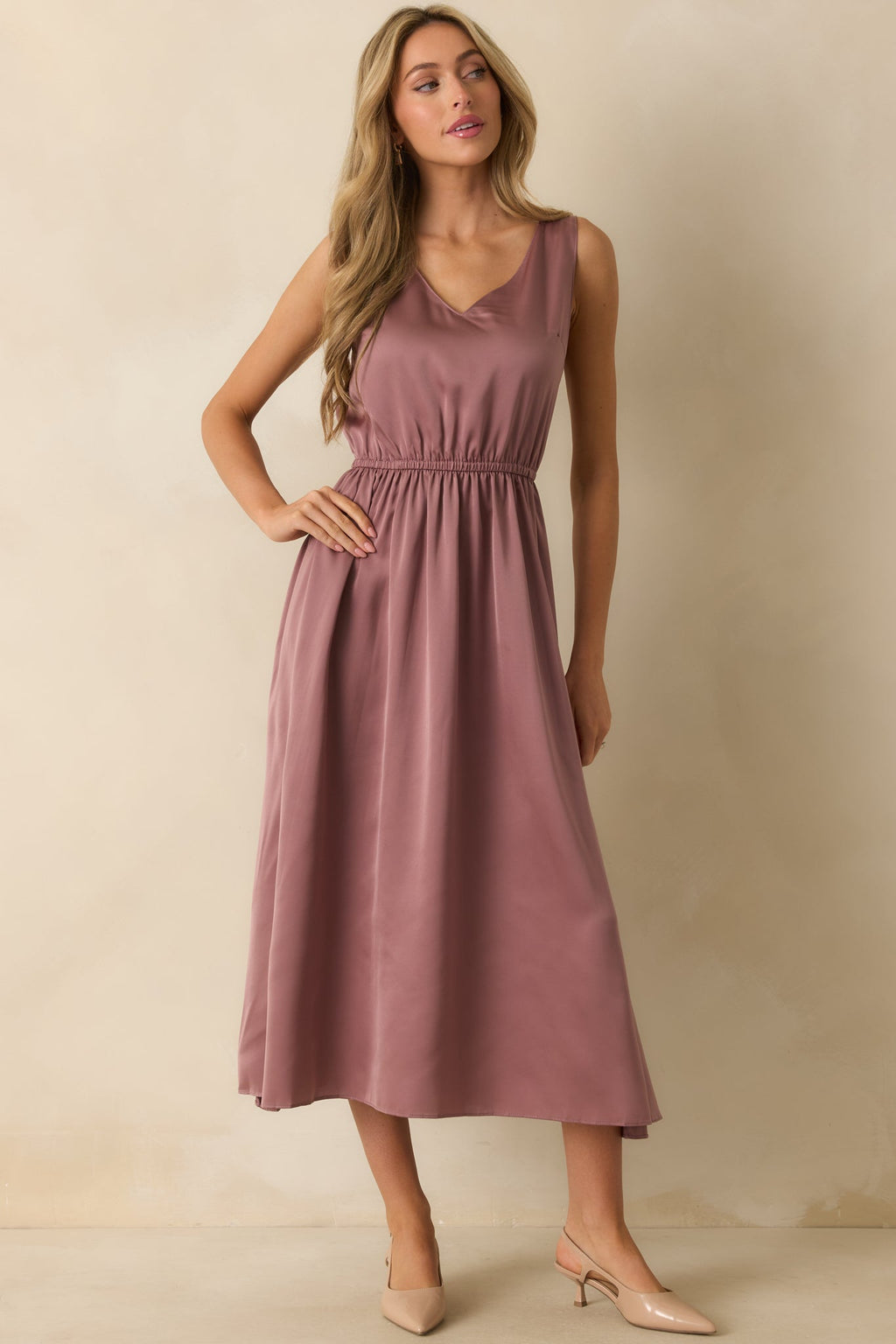 Take A Little Time Mauve Knit Sweater Satin Maxi Dress Set