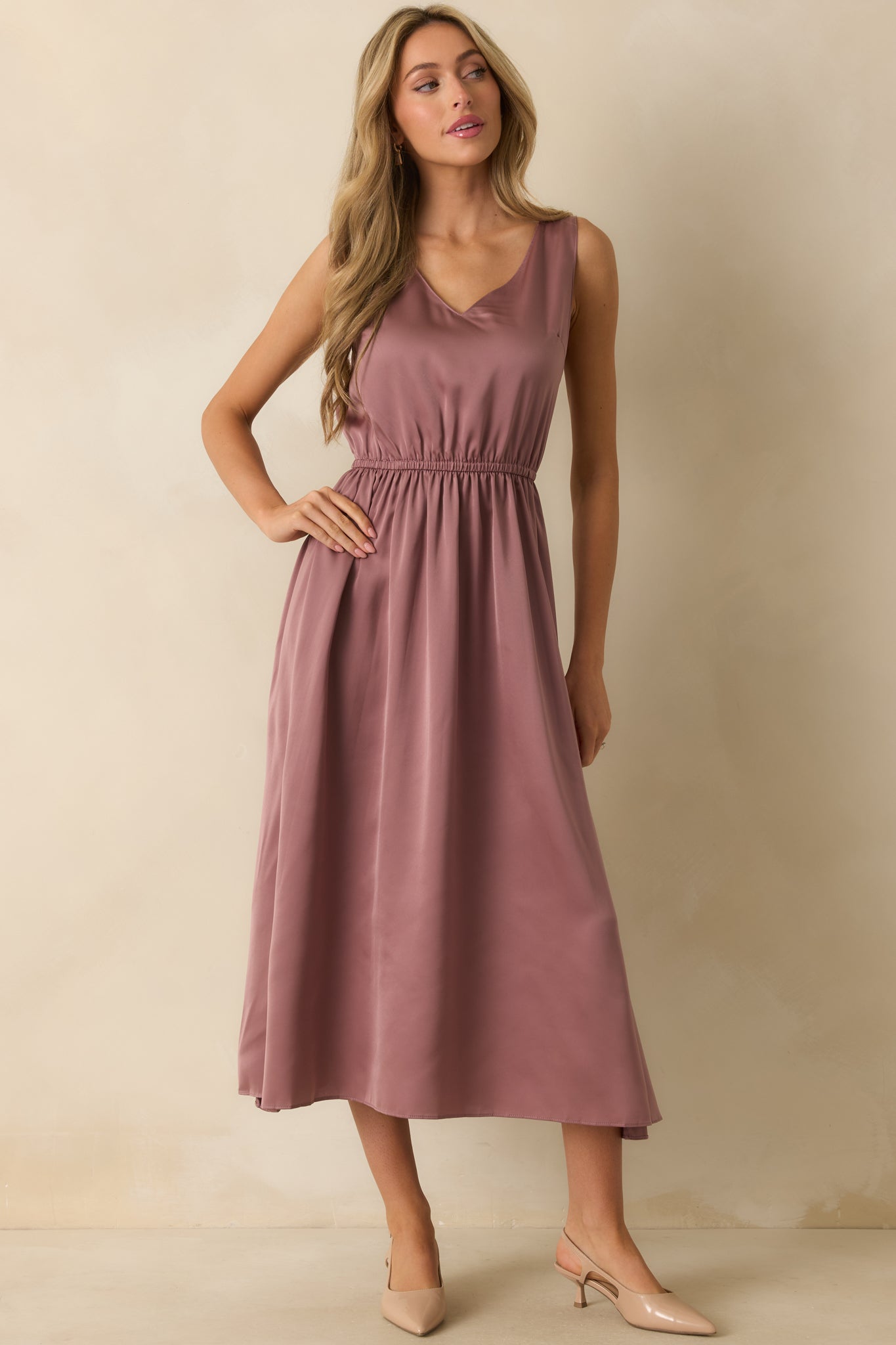 Take A Little Time Mauve Knit Sweater Satin Maxi Dress Set