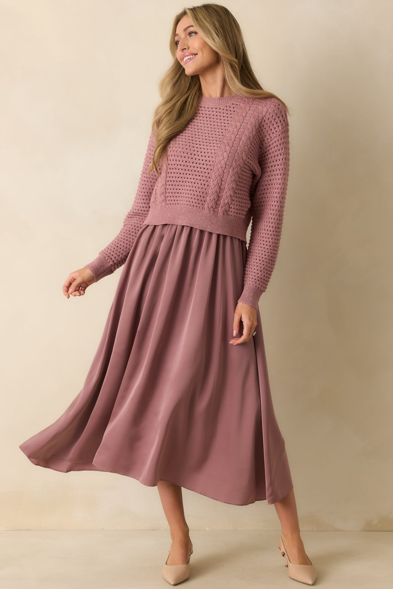 Take A Little Time Mauve Knit Sweater Satin Maxi Dress Set