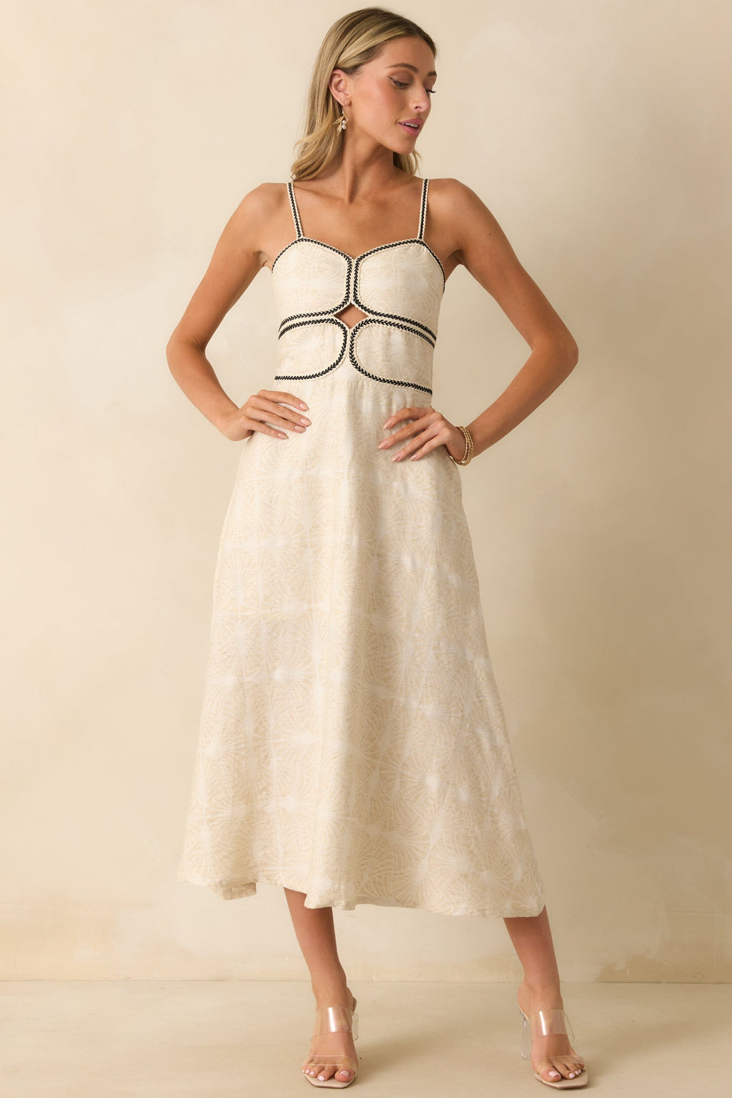 Right On Cue Light Beige Cotton Contrast Trim Sleeveless Maxi Dress