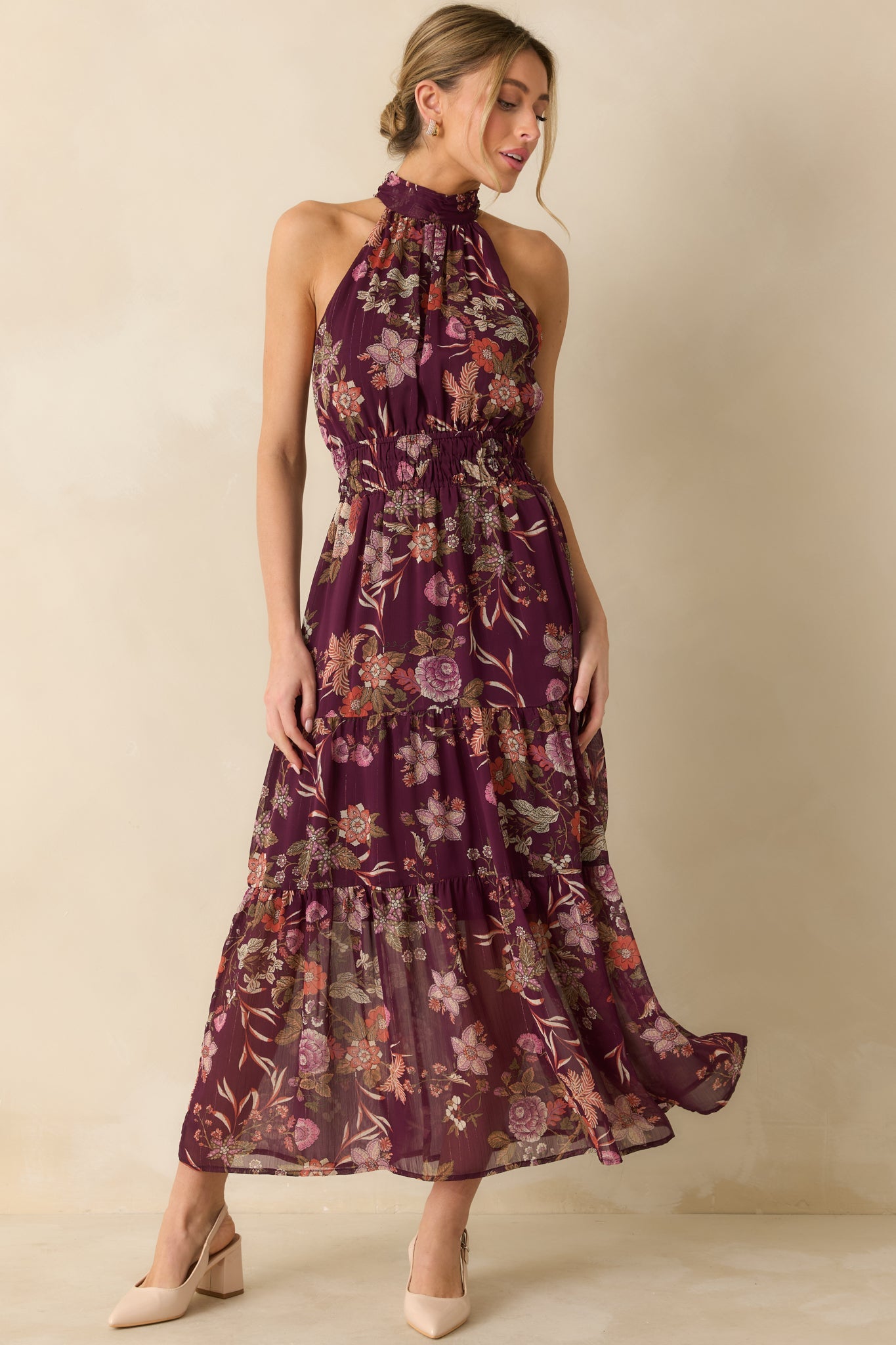 Flirt With Flora Berry Purple Multi Floral Print Halter Maxi Dress