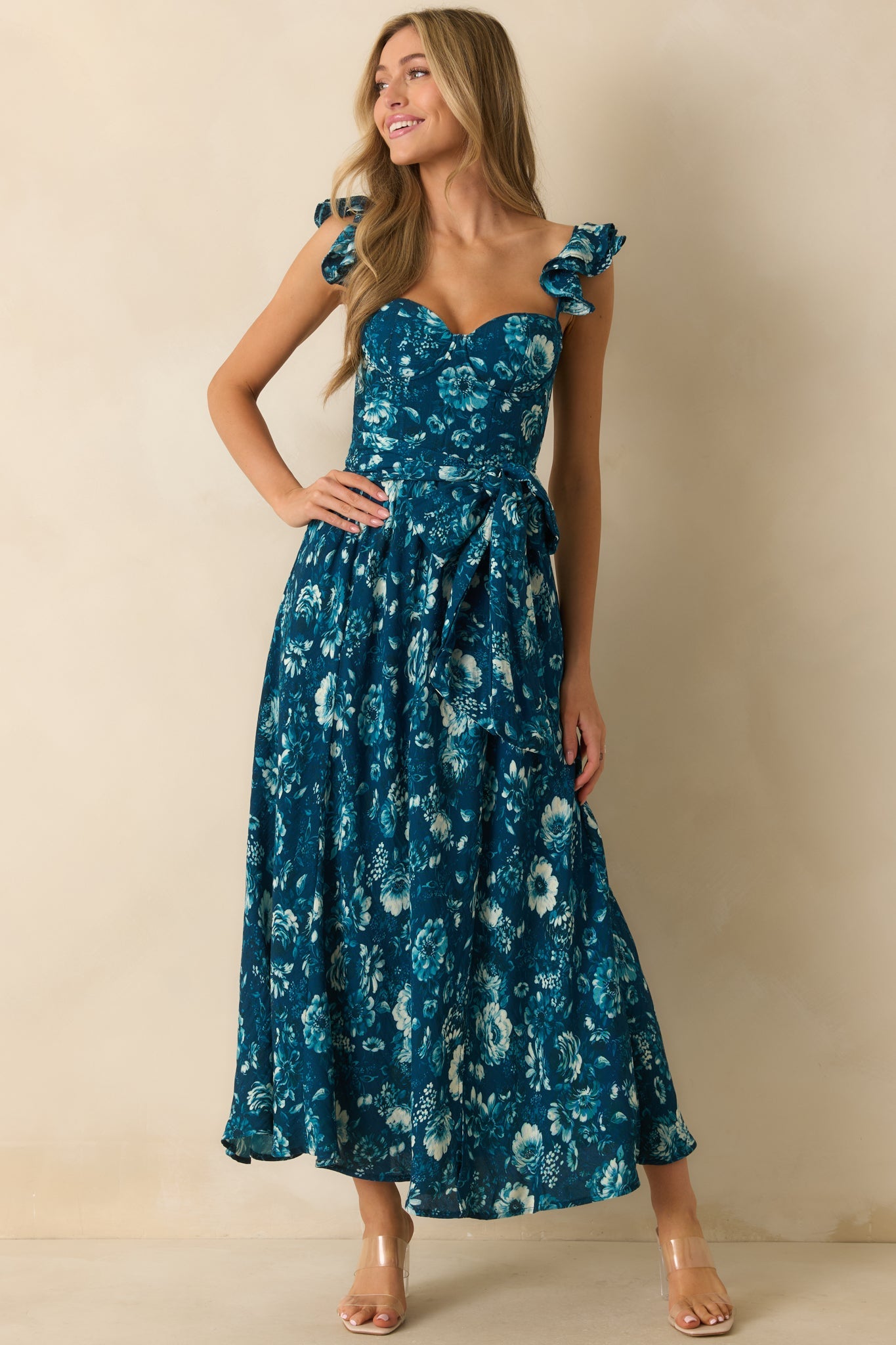 Aimee Dark Teal Multi Floral Print Bustier Maxi Dress