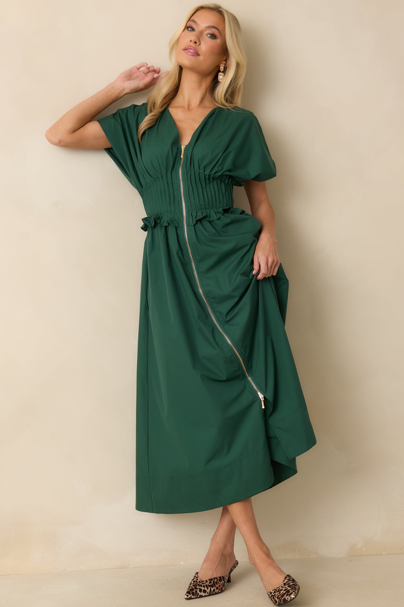 Let It Be Easy Green Smocked Waist Zip Maxi Dress