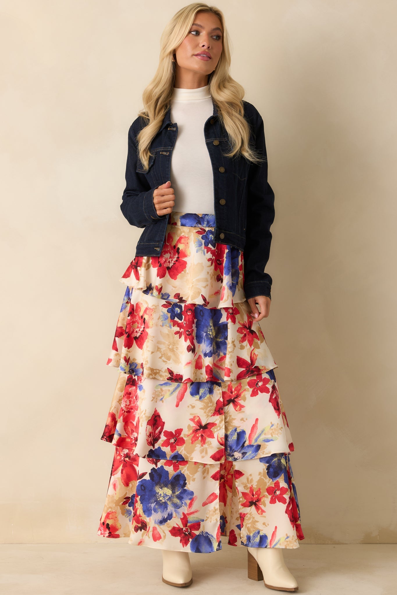 Flourish and Flow Ivory & Red Multi Floral Print Tiered Maxi Skirt