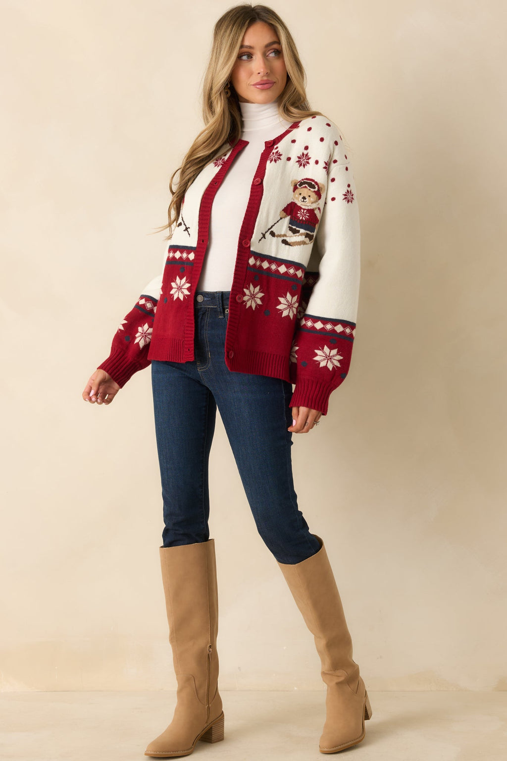 Ski Season Sweetie Ivory & Red Knit Ski Bear Cardigan Sweater