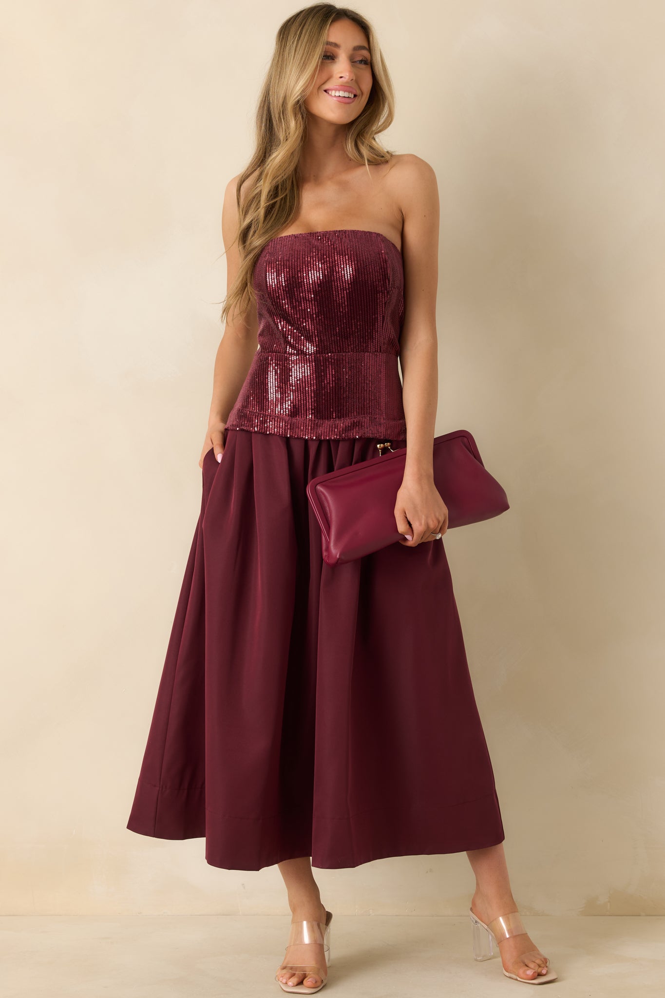 Sips & Sparkles Wine Red Sequin Strapless Midi Dress