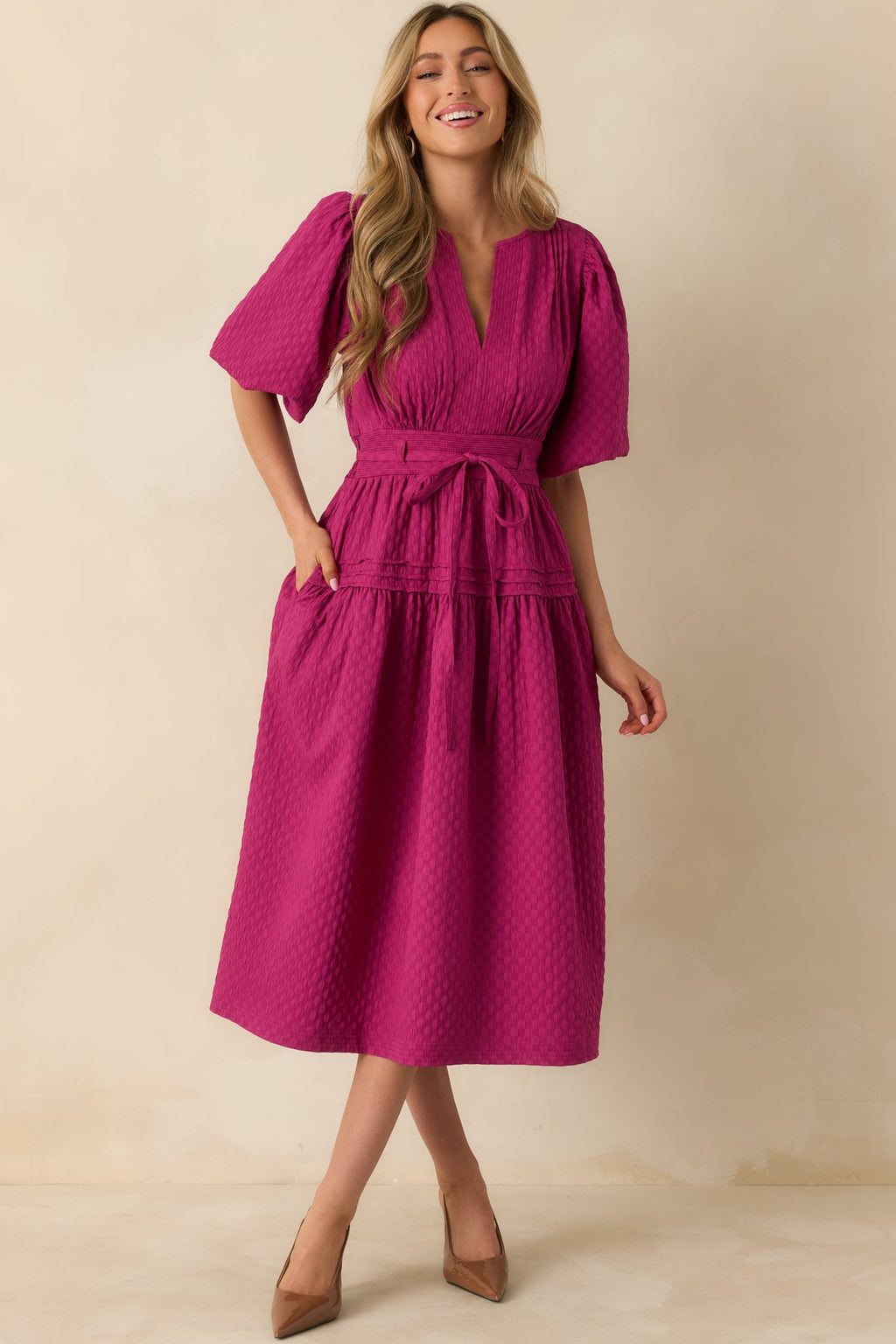 Sweetest Thing Yet Magenta Pink Textured Woven Pleated Midi Dress