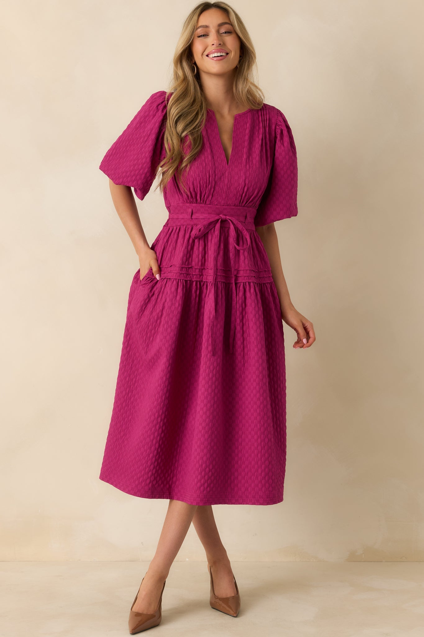 Sweetest Thing Yet Magenta Pink Textured Woven Pleated Midi Dress