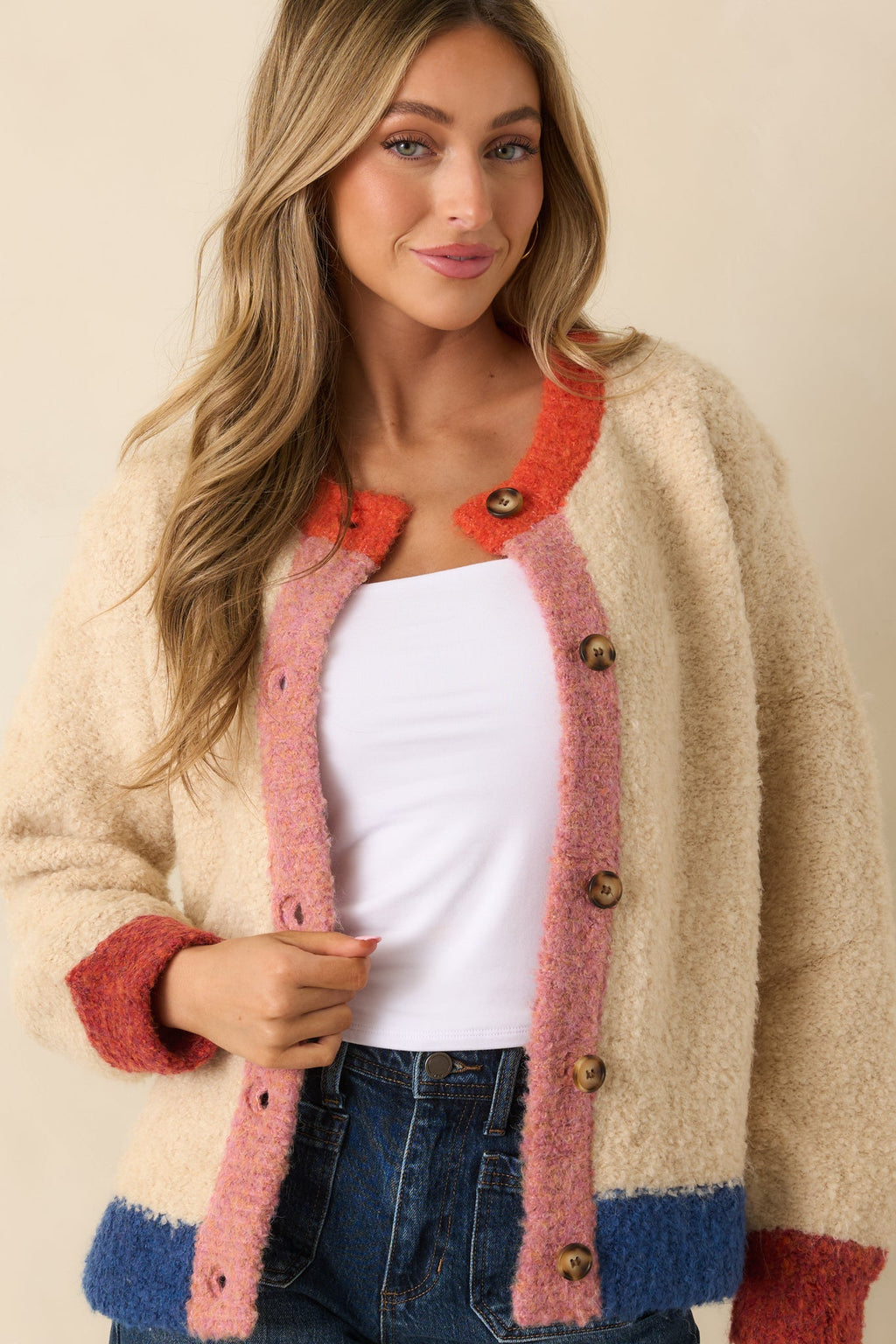 FRNCH Cyclamen Ivory Multi Knit Color Block Cardigan
