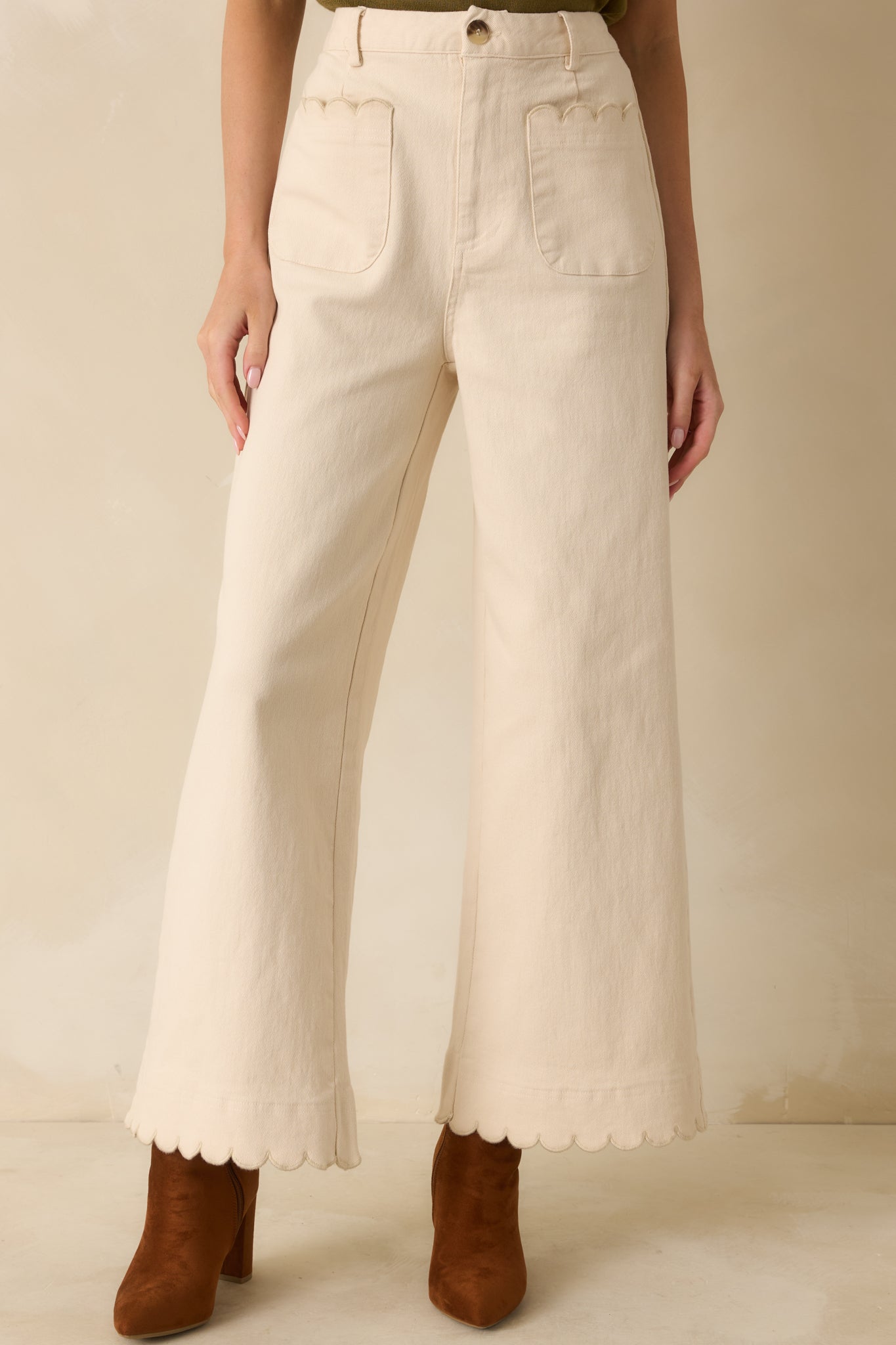 Set For The Day Ivory Cotton Scalloped Wide Leg Pants