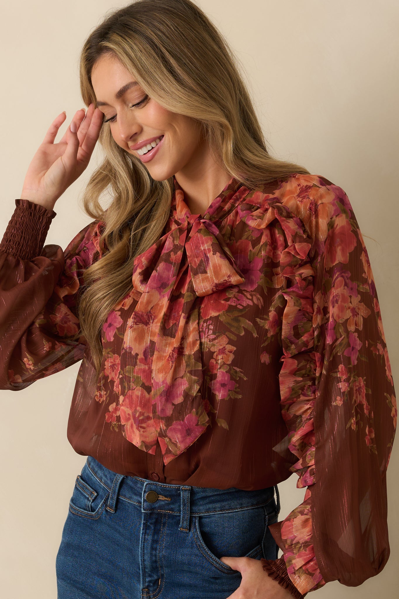 Forever Falling Brown Multi Floral Print Bow Blouse