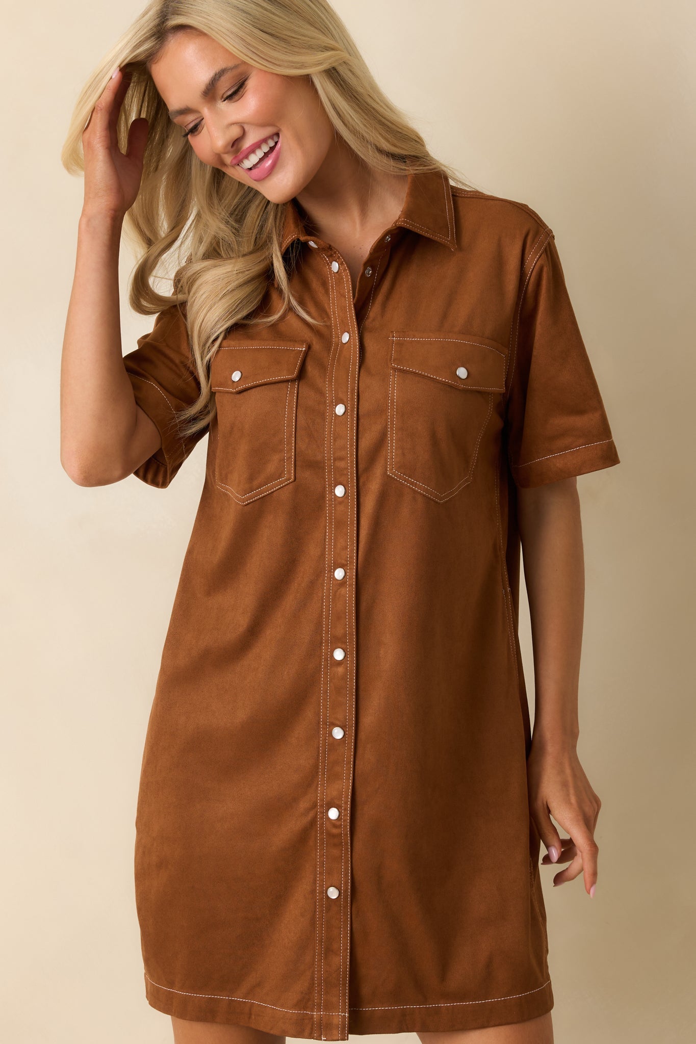 Many Possibilities Cinnamon Brown Button Up Mini Dress