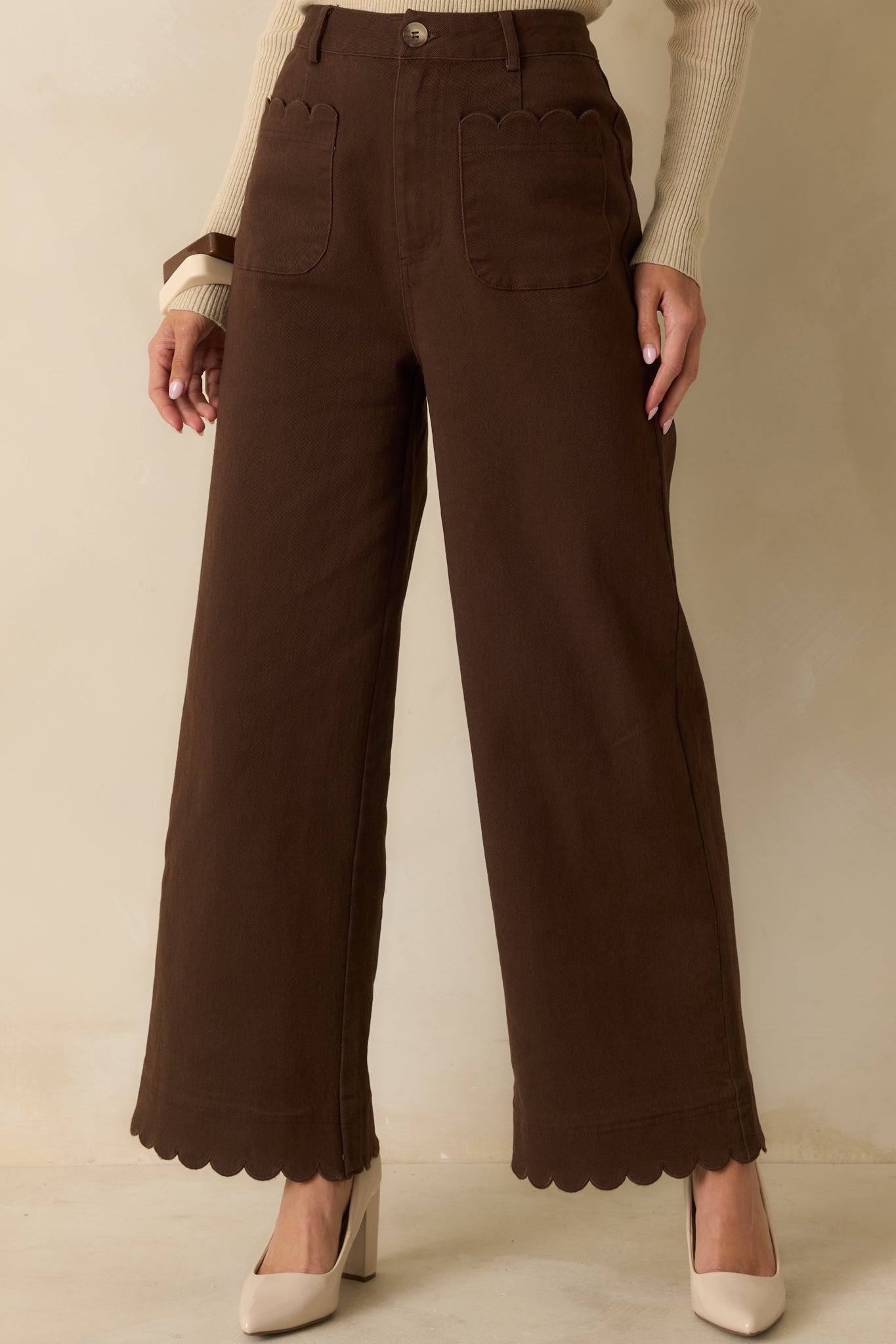 Set For The Day Brown Cotton Scalloped Wide Leg Pants