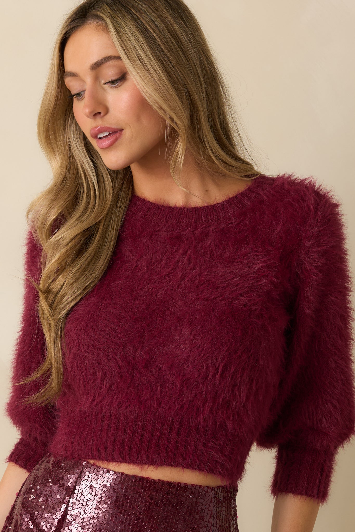 MINKPINK Alva Wine Purple Fluffy Knit Cropped Sweater