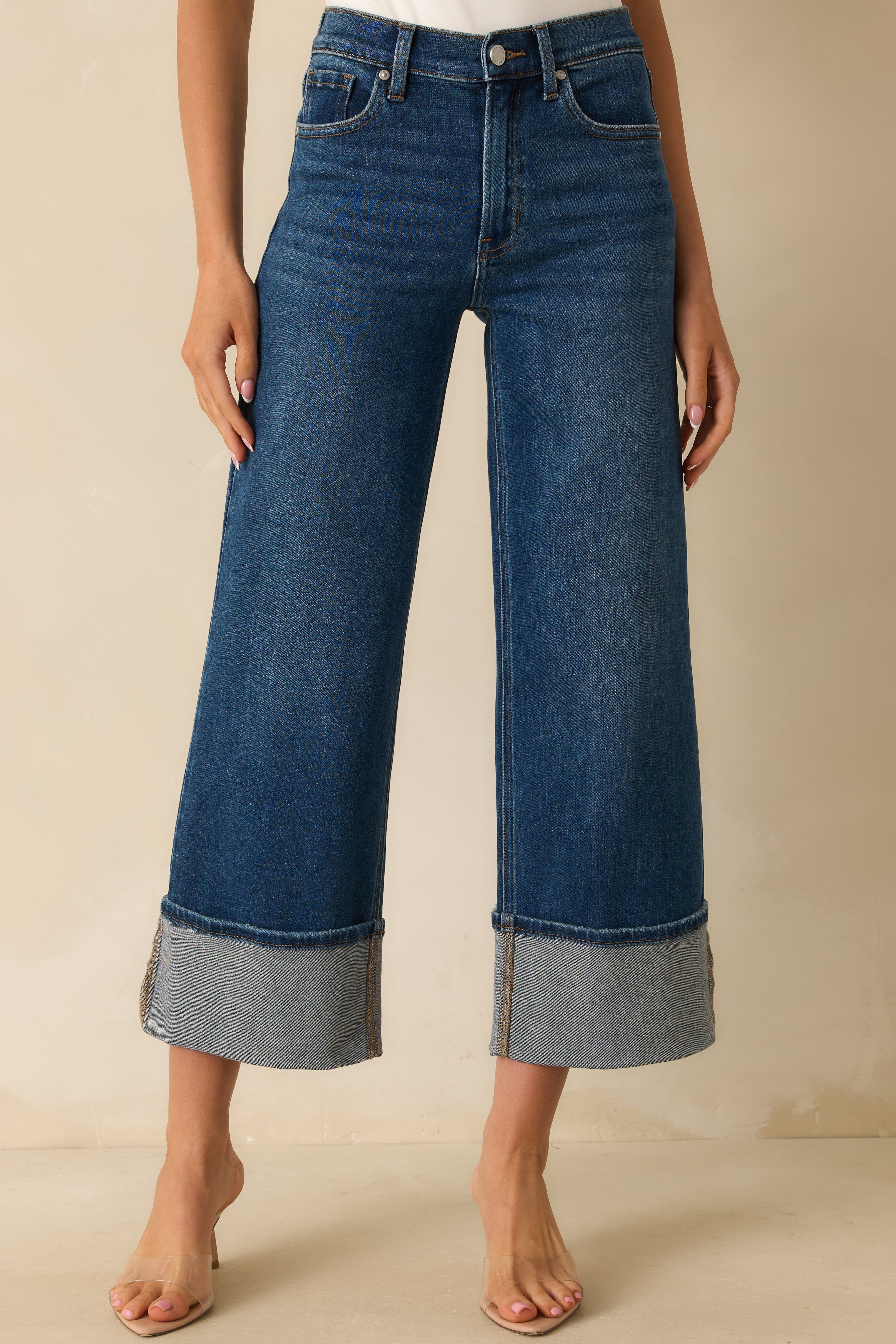 Long Story Short Deep Vintage Indigo Wide-Leg Cuffed Jeans