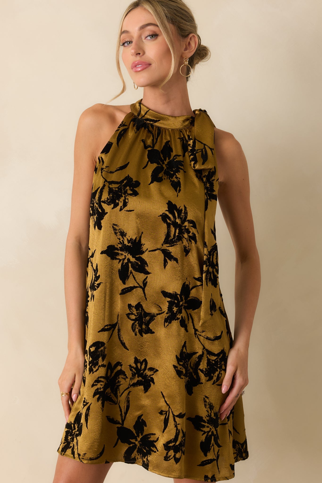 All That Glimmers Dark Gold Floral Satin Mini Dress