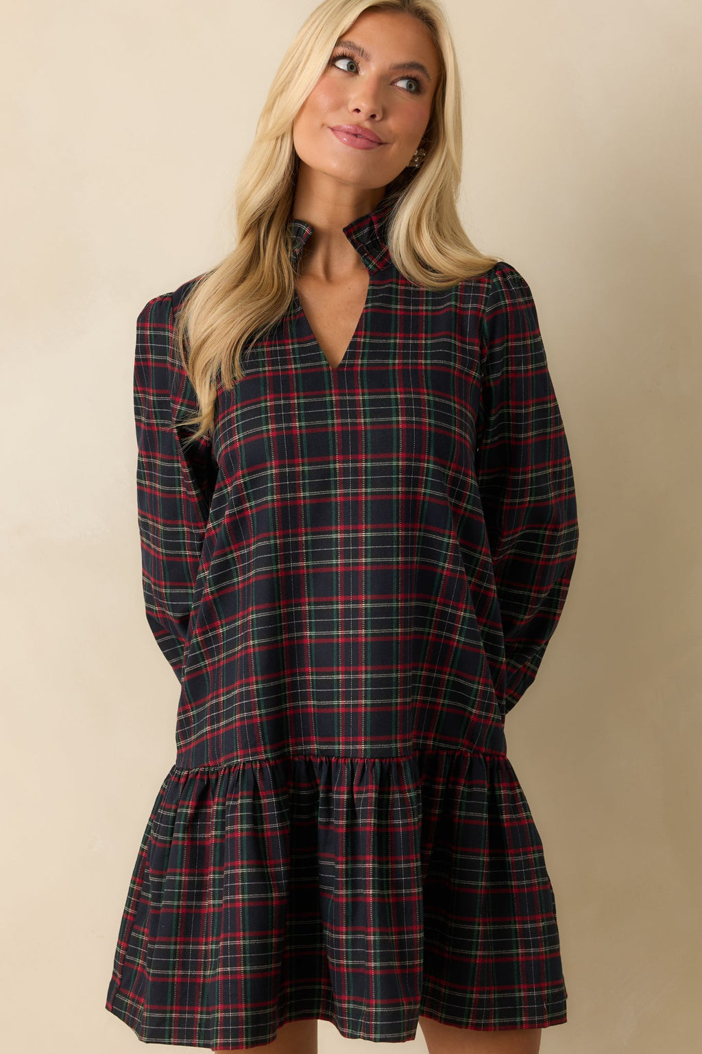 Tartan Tidings Navy Multi Plaid Ruffled Mini Dress