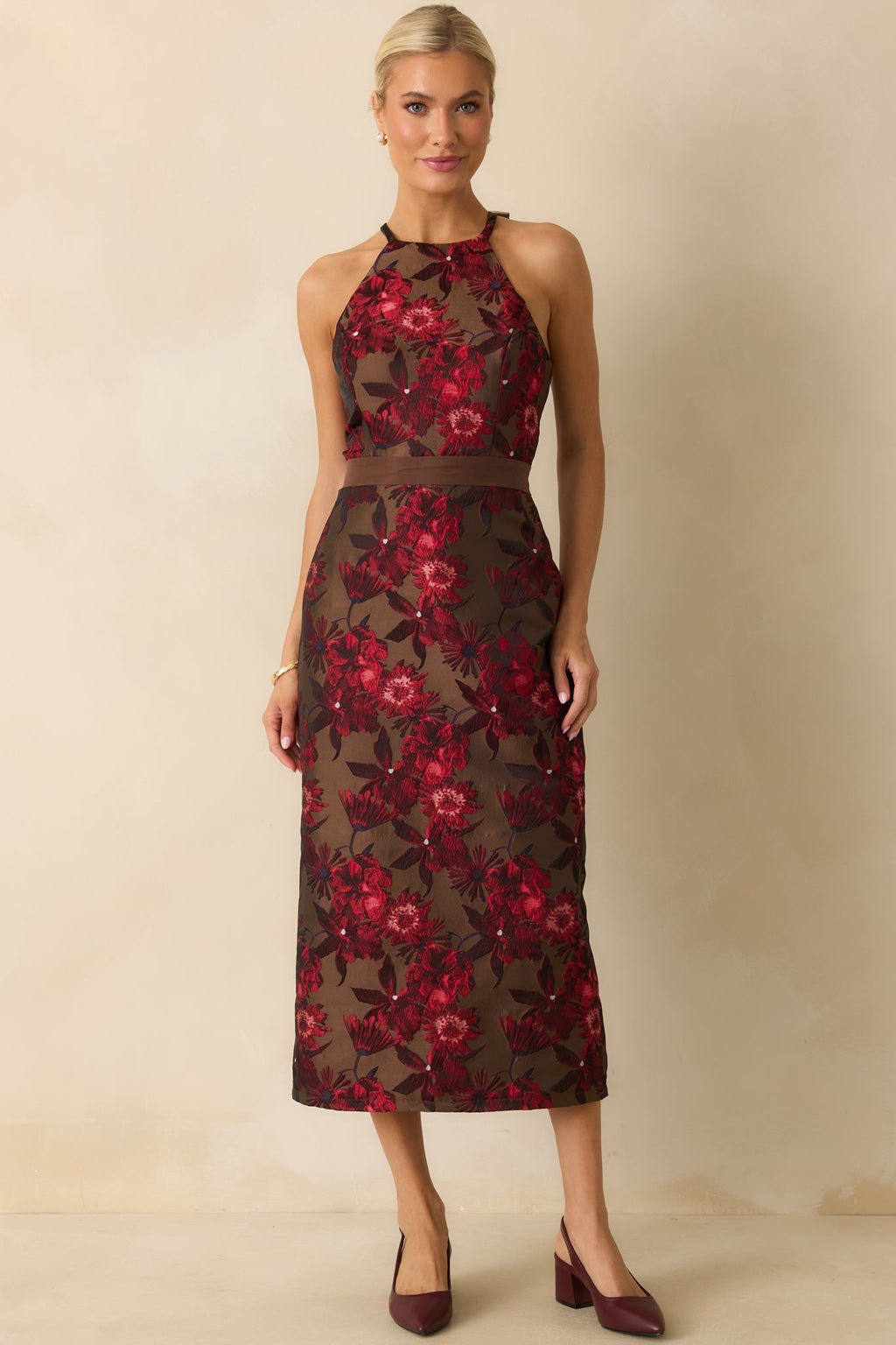 For the Storyline Mocha Brown Multi Floral Jacquard Maxi Dress