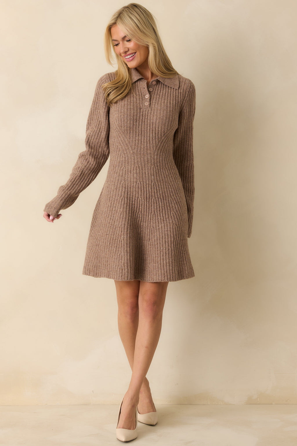 Feels Like Now Mocha Brown Ribbed Knit Sweater Mini Dress