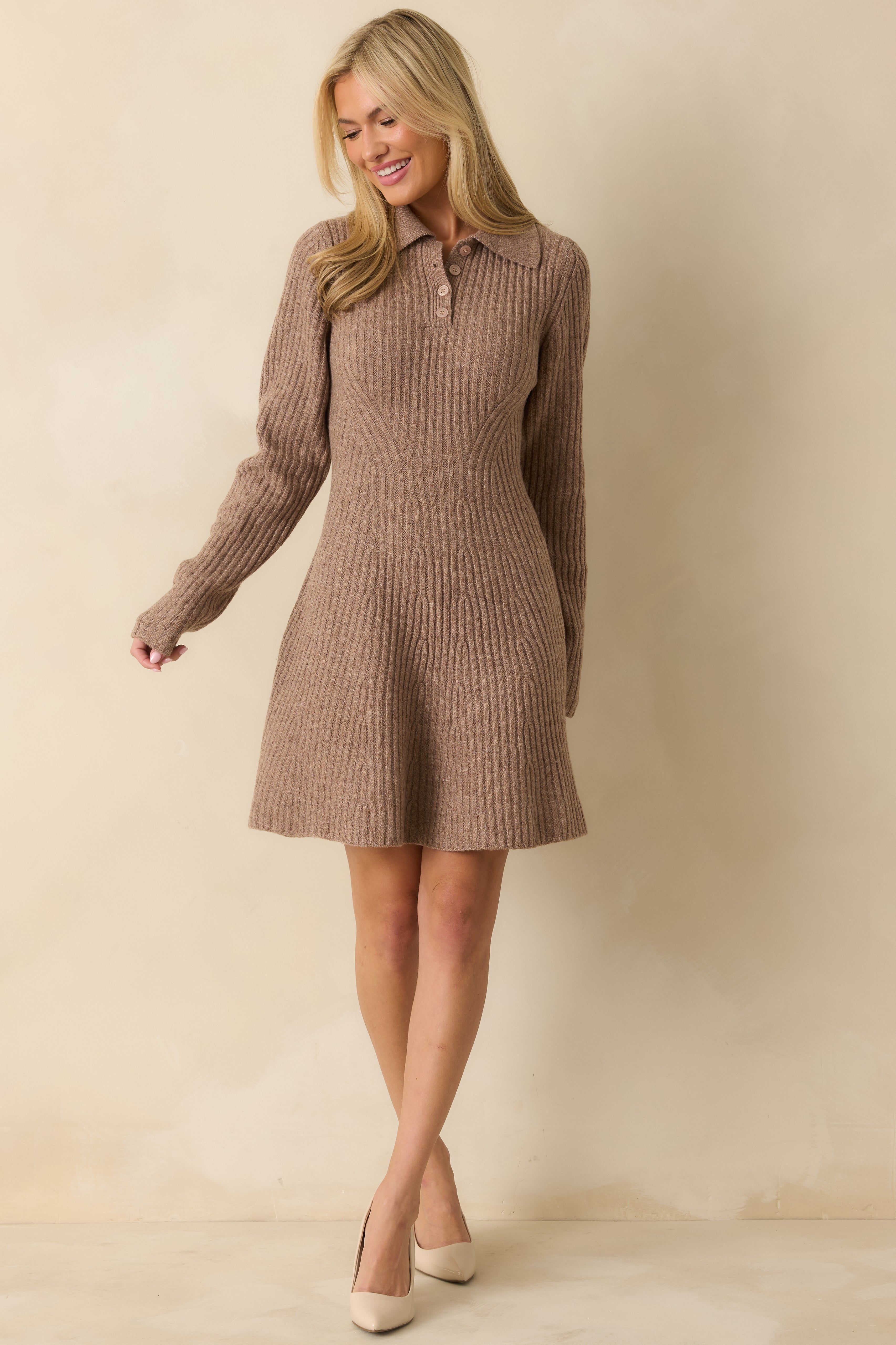 Feels Like Now Mocha Brown Ribbed Knit Sweater Mini Dress