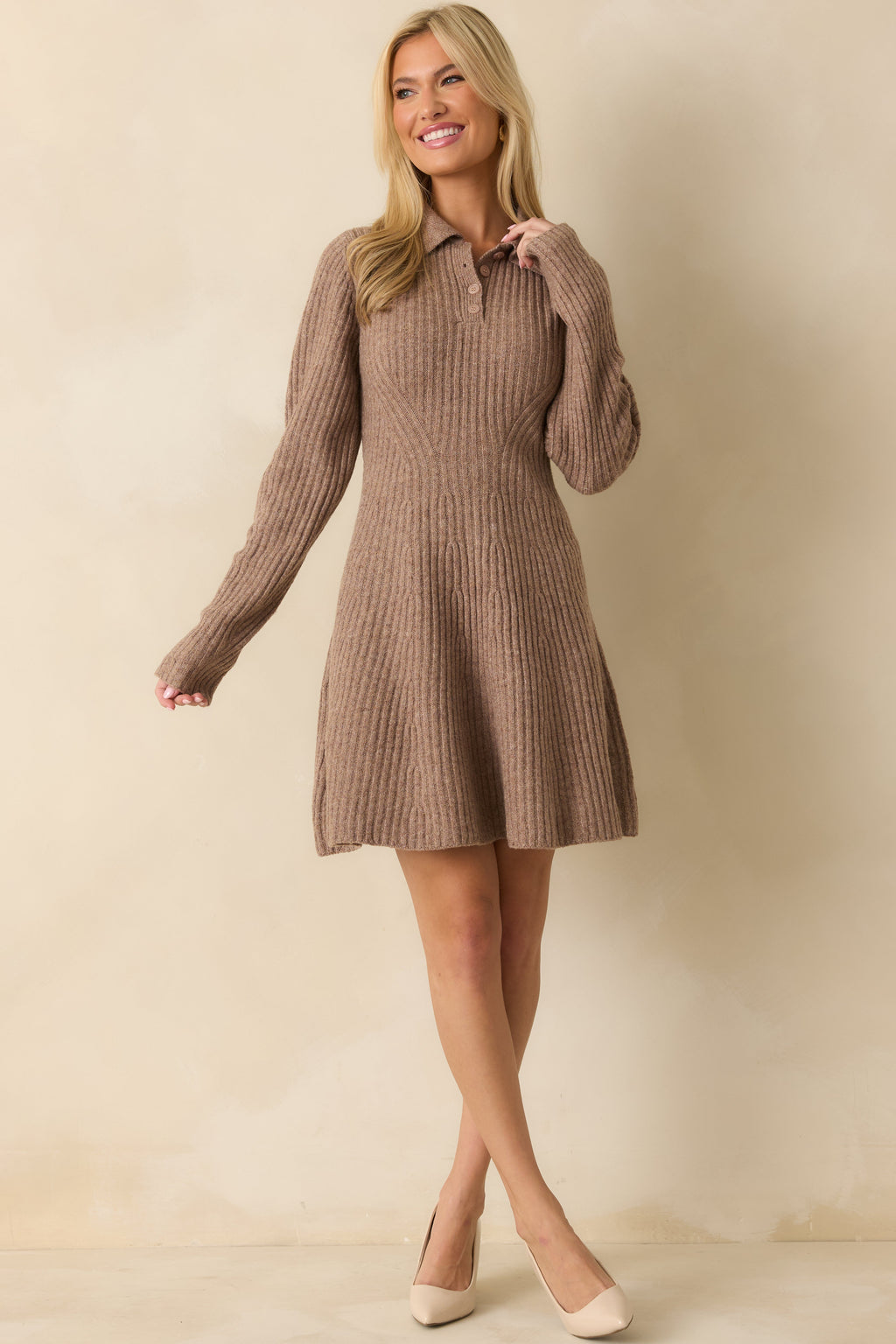 Feels Like Now Mocha Brown Ribbed Knit Sweater Mini Dress