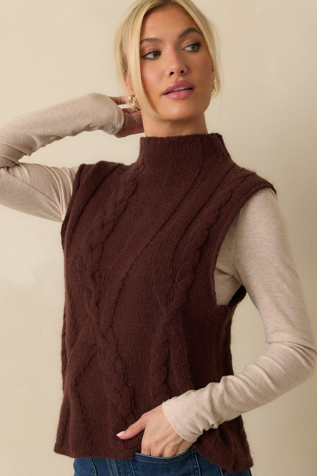 Cuddle Up Close Chocolate Brown Cable Knit Sweater Vest