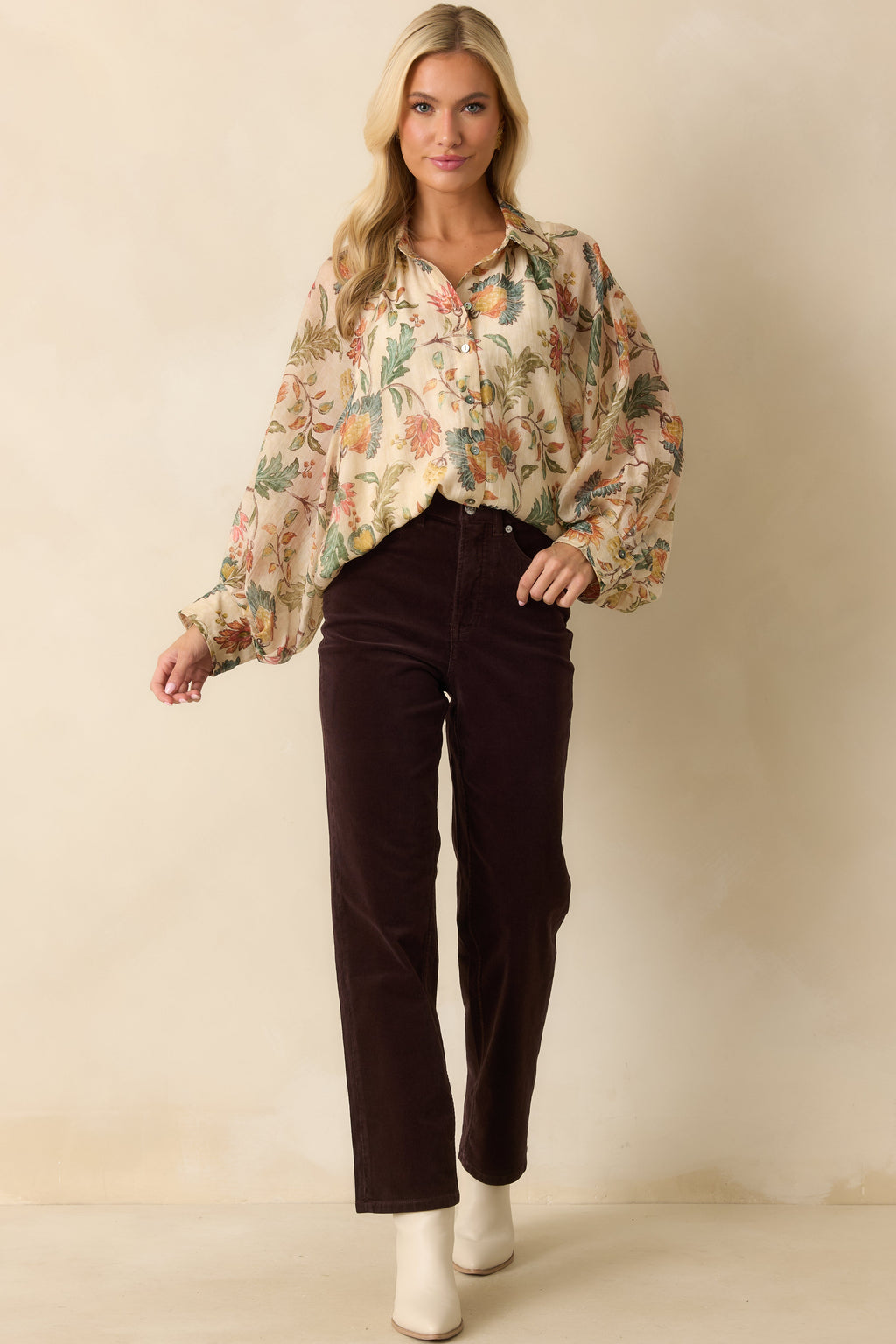 Pressed Petals Ivory Multi Floral Print Peasant Sleeve Blouse