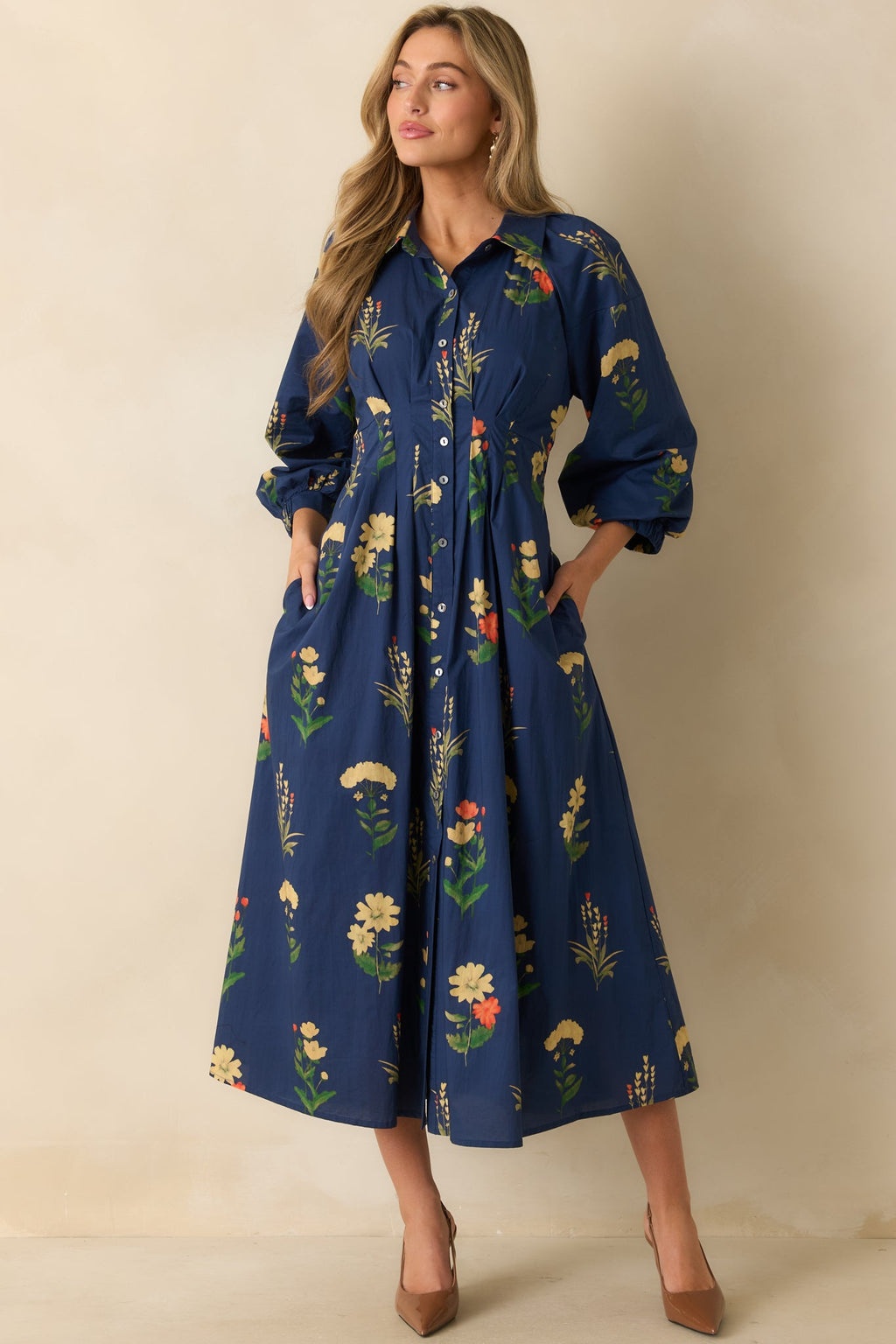 Endlessly Charmed Navy Multi Floral Print Cotton Button Front Maxi Dress