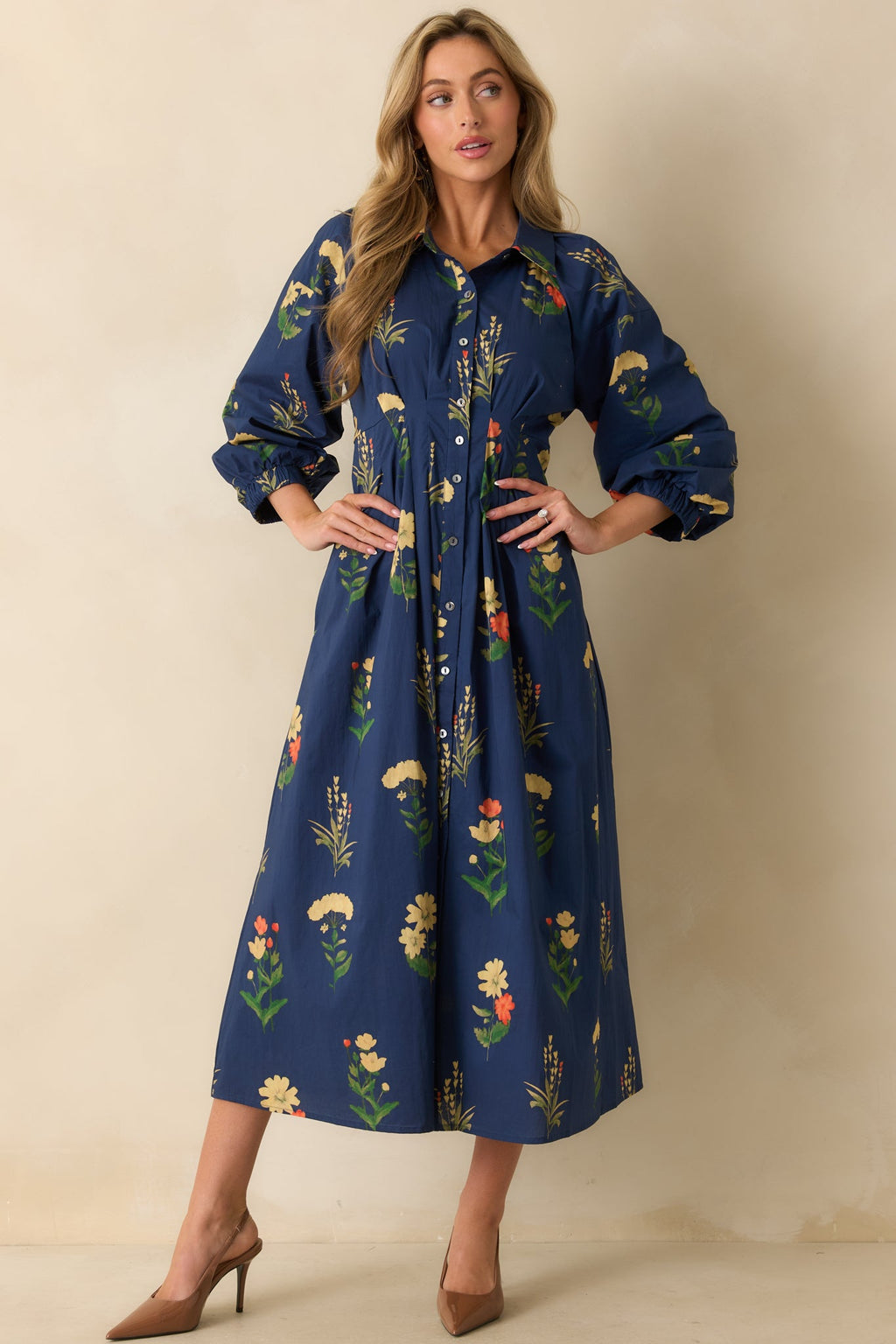 Endlessly Charmed Navy Multi Floral Print Cotton Button Front Maxi Dress
