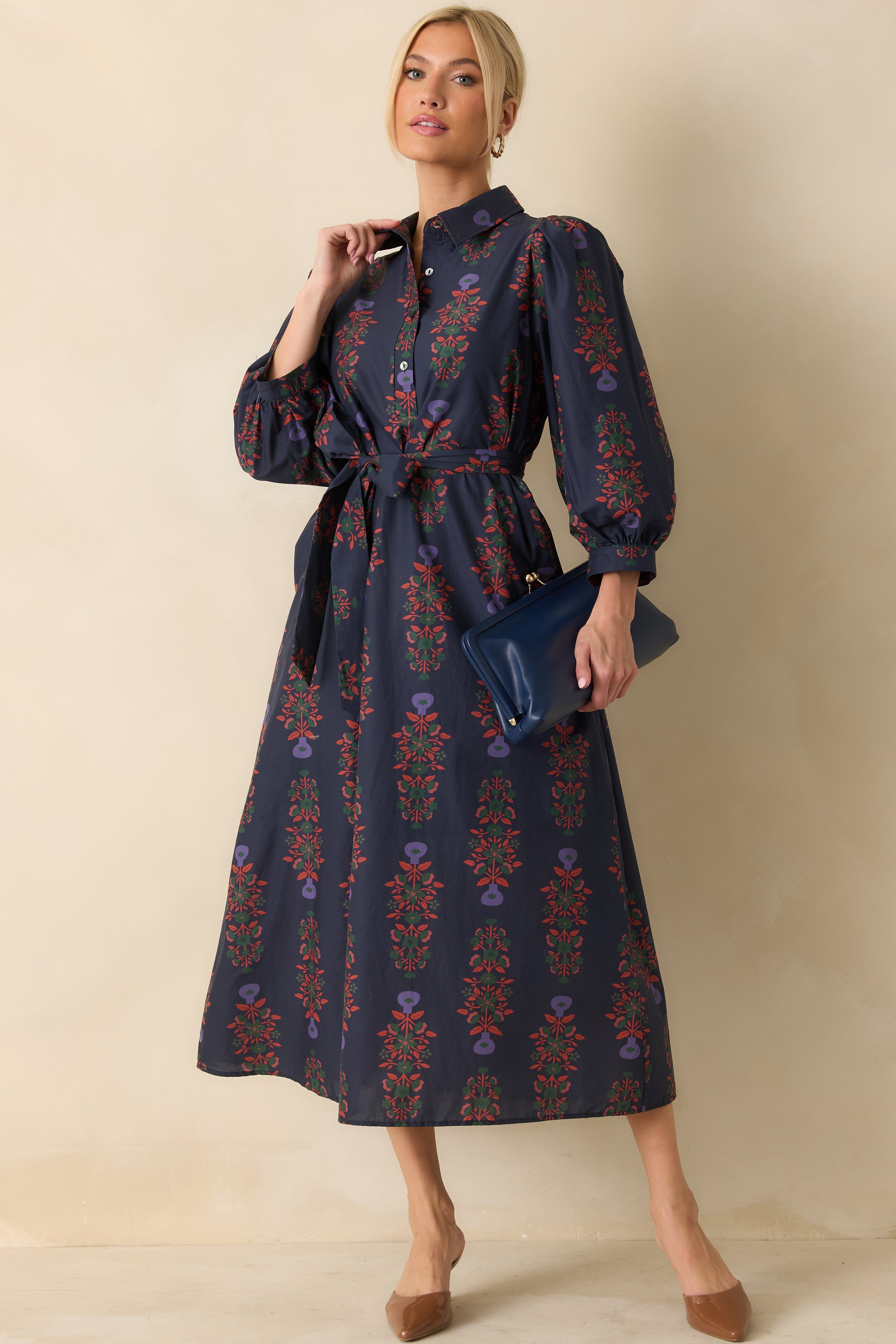 Midnight Bloom Navy Multi Floral Print Cotton Button Up Maxi Dress