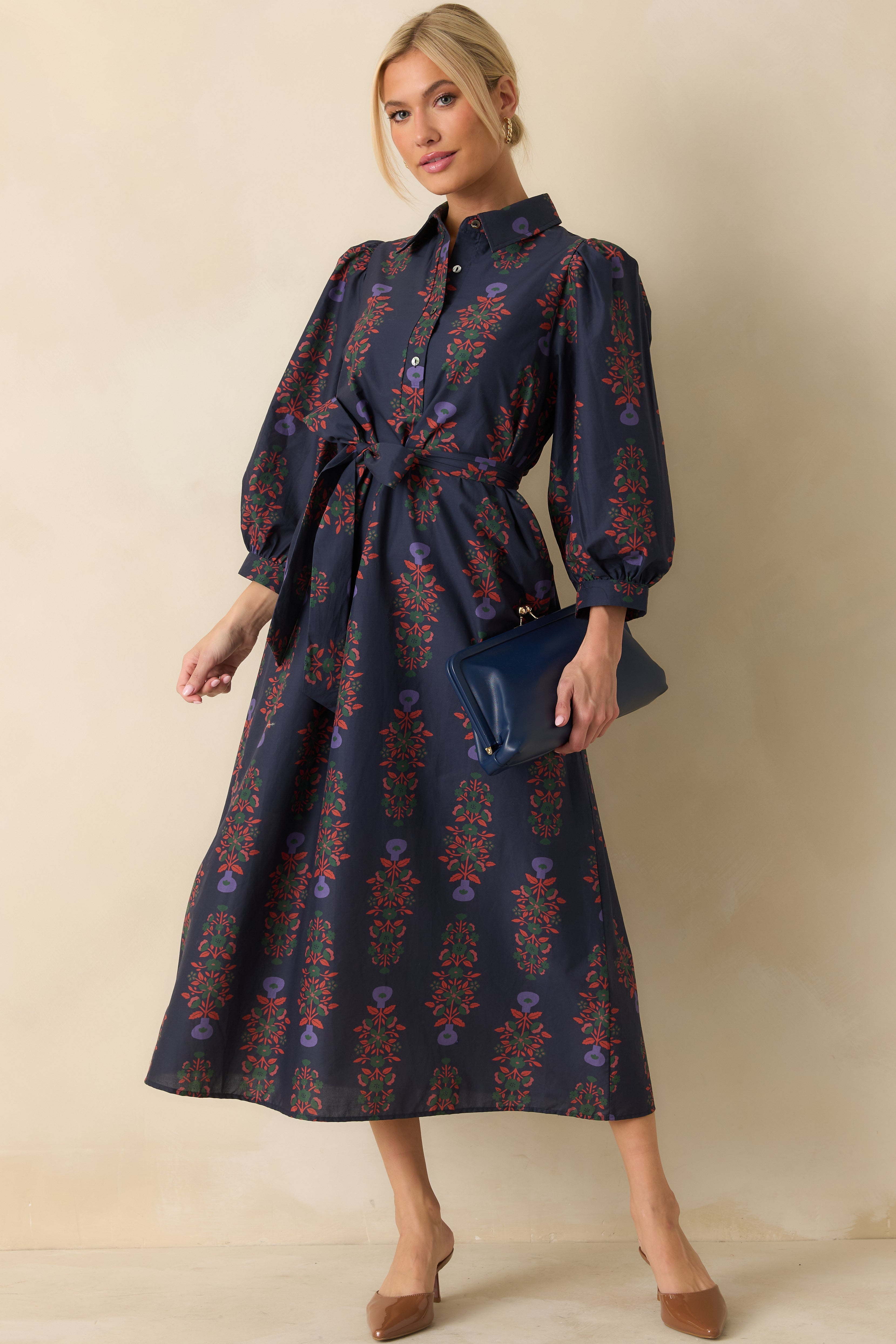 Midnight Bloom Navy Multi Floral Print Cotton Button Up Maxi Dress