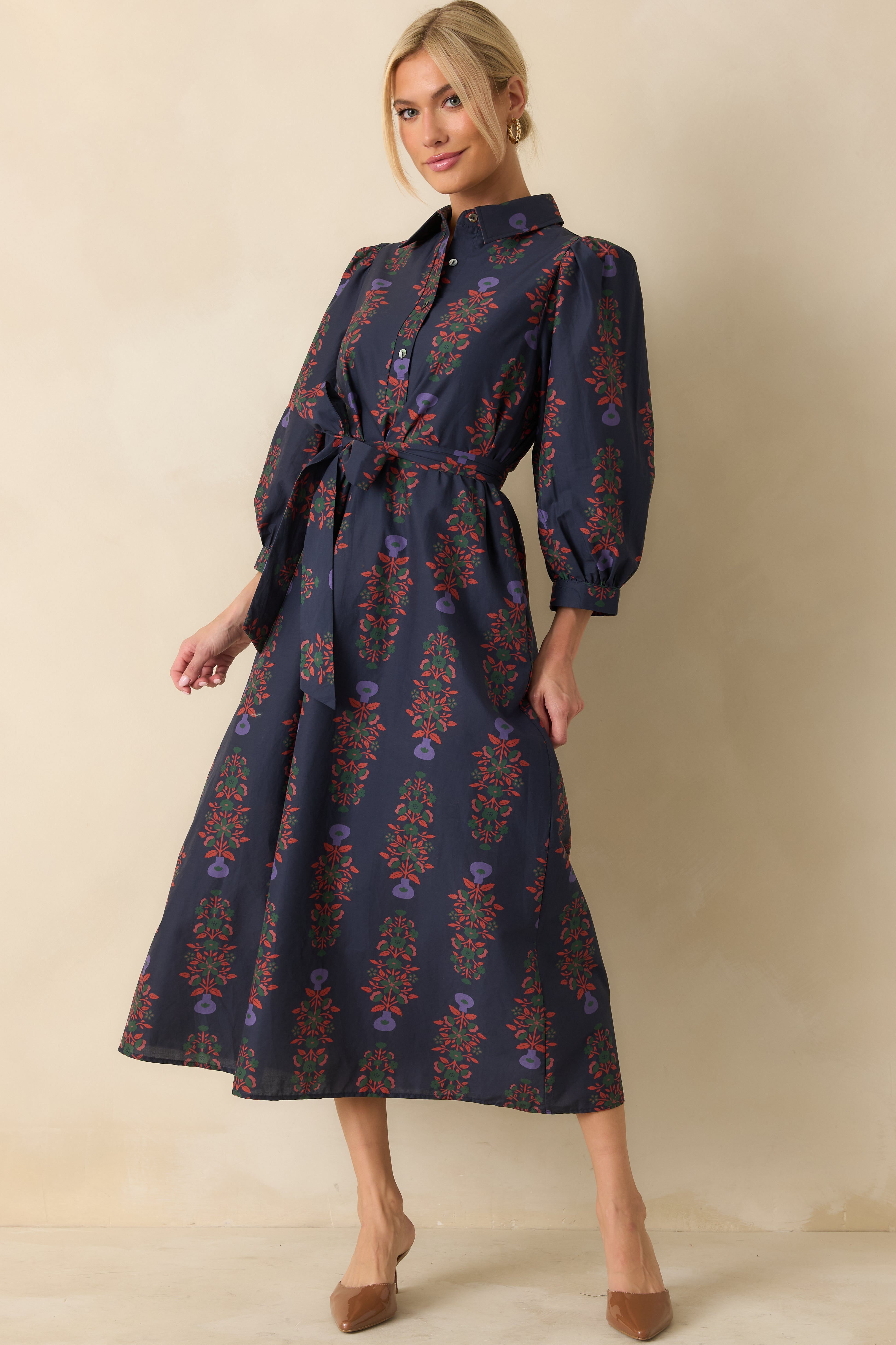 Midnight Bloom Navy Multi Floral Print Cotton Button Up Maxi Dress