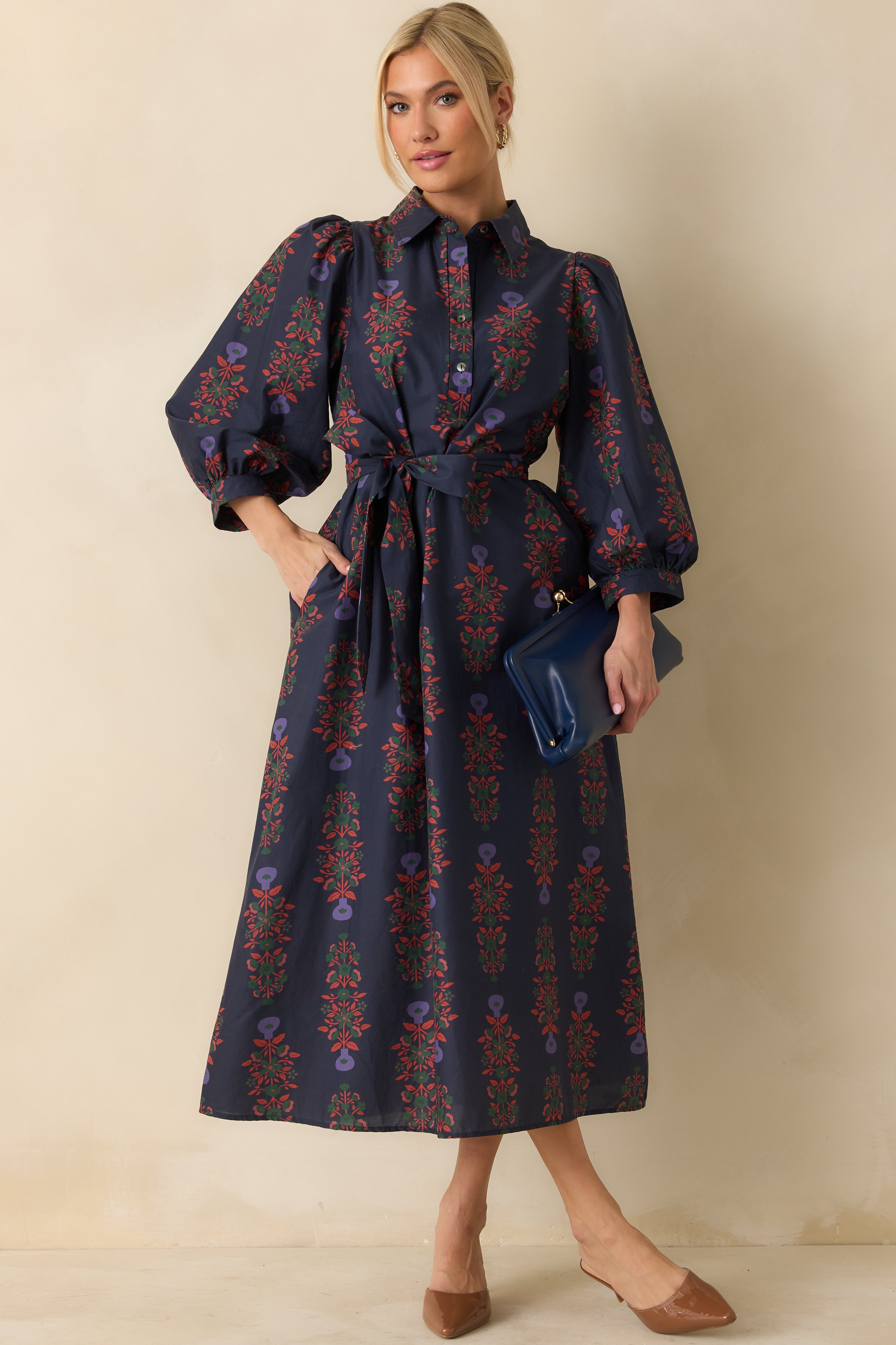 Midnight Bloom Navy Multi Floral Print Cotton Button Up Maxi Dress