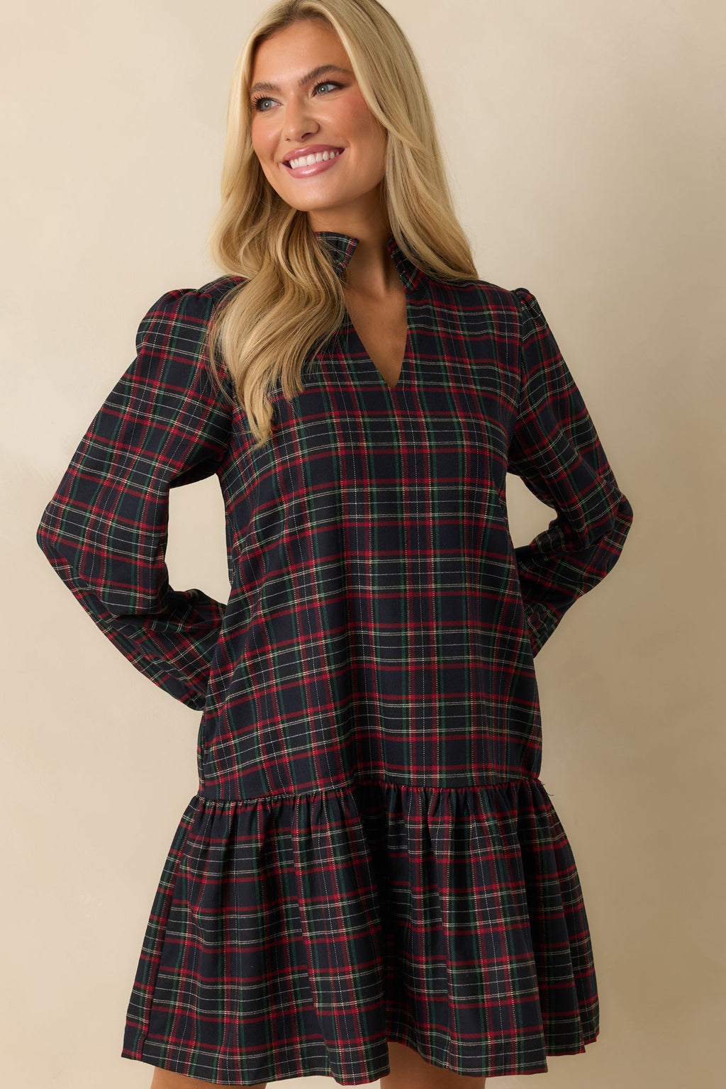 Tartan Tidings Navy Multi Plaid Ruffled Mini Dress