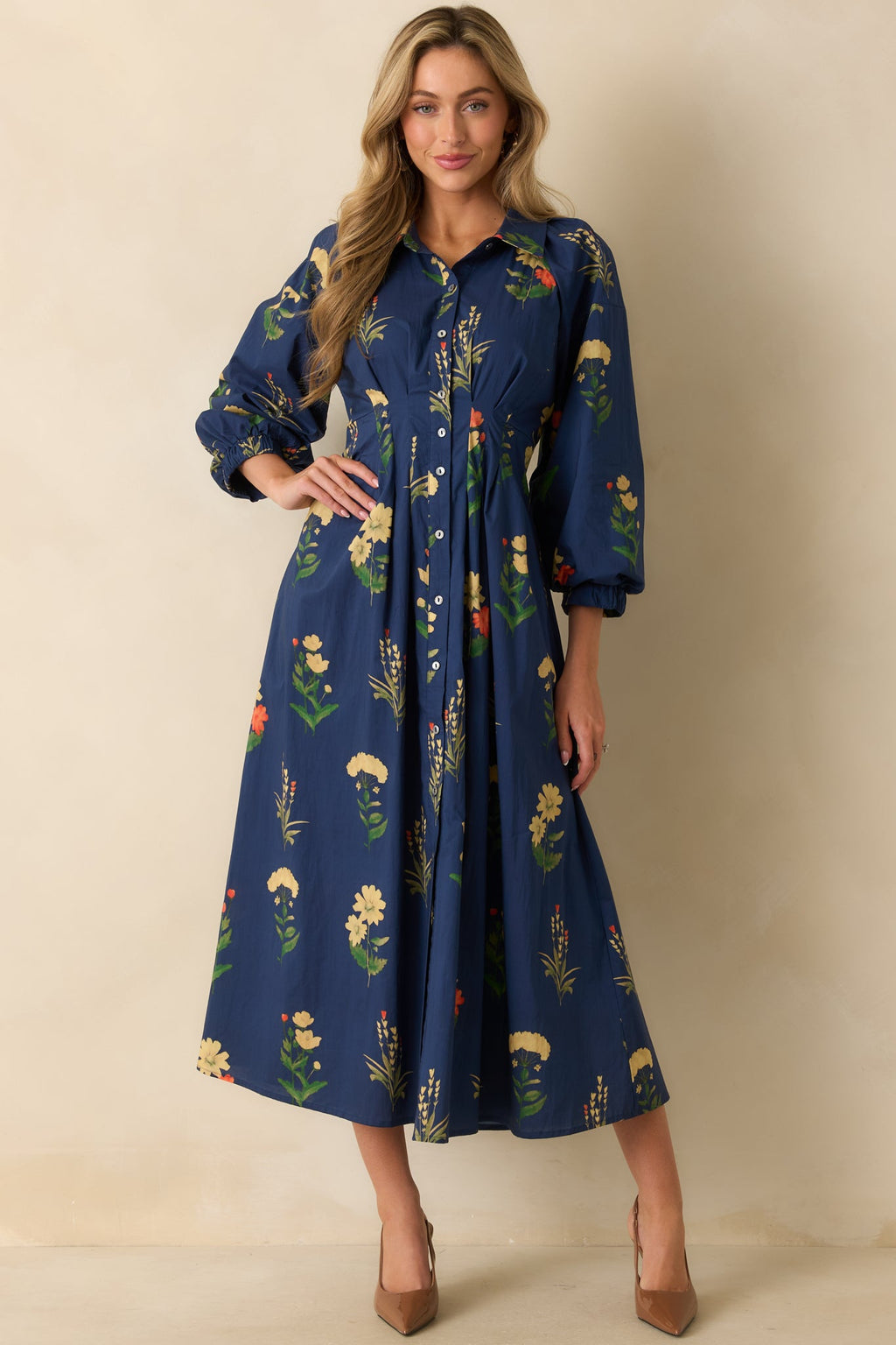 Endlessly Charmed Navy Multi Floral Print Cotton Button Front Maxi Dress