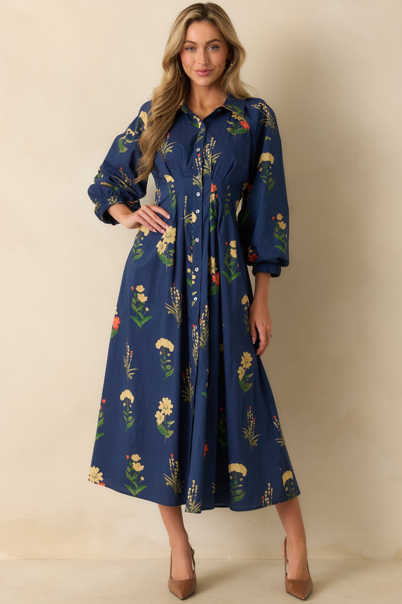 Endlessly Charmed Navy Multi Floral Print Cotton Button Front Maxi Dress