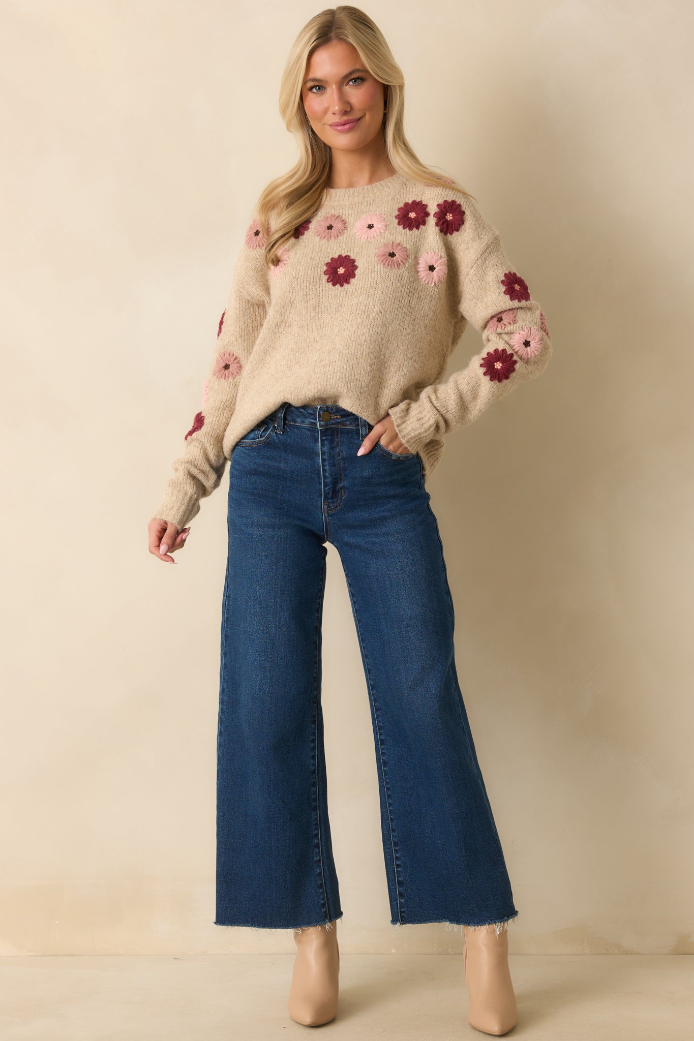 For What It's Worth Oatmeal Multi Floral Embroidered Knit Sweater