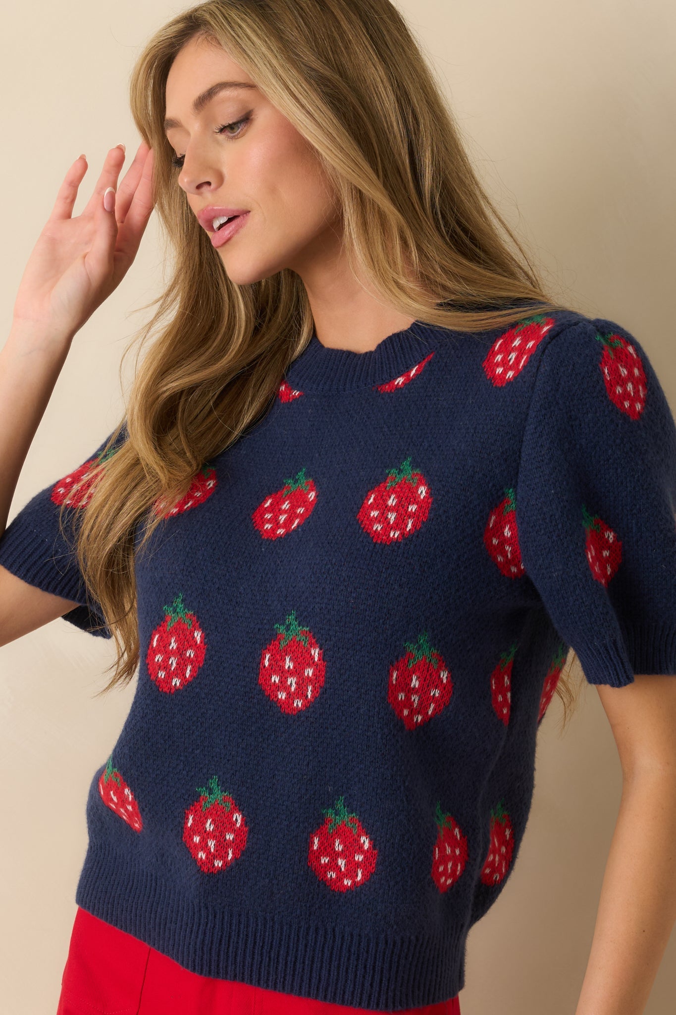 Just My Jam Navy Strawberry Knit Short Sleeve Sweater