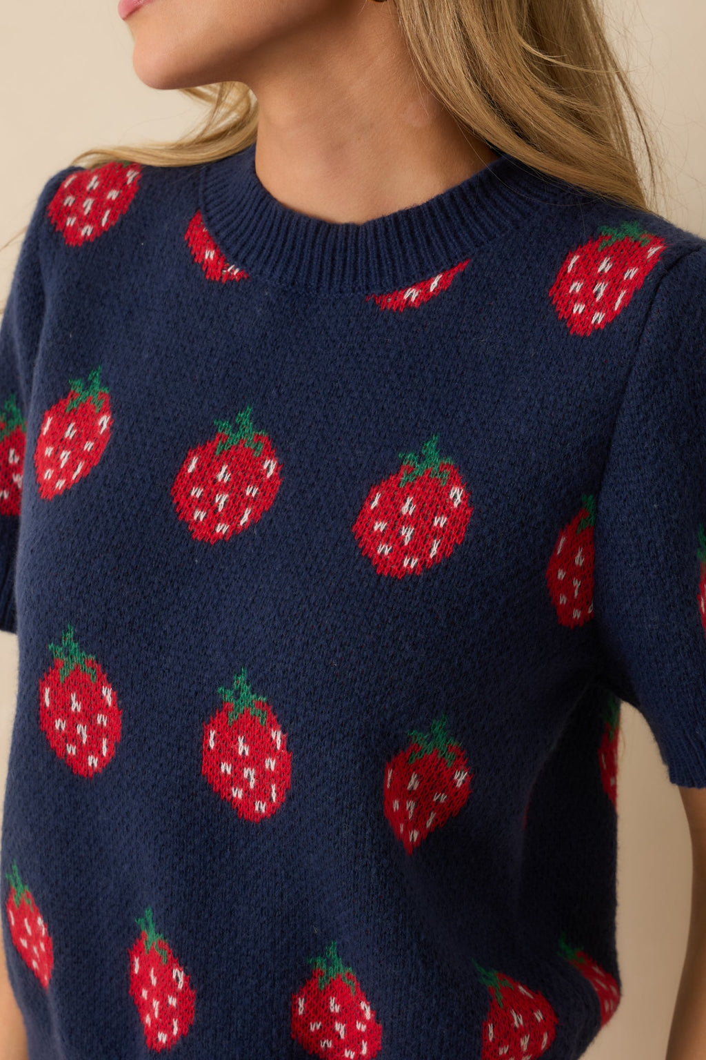 Just My Jam Navy Strawberry Knit Short Sleeve Sweater