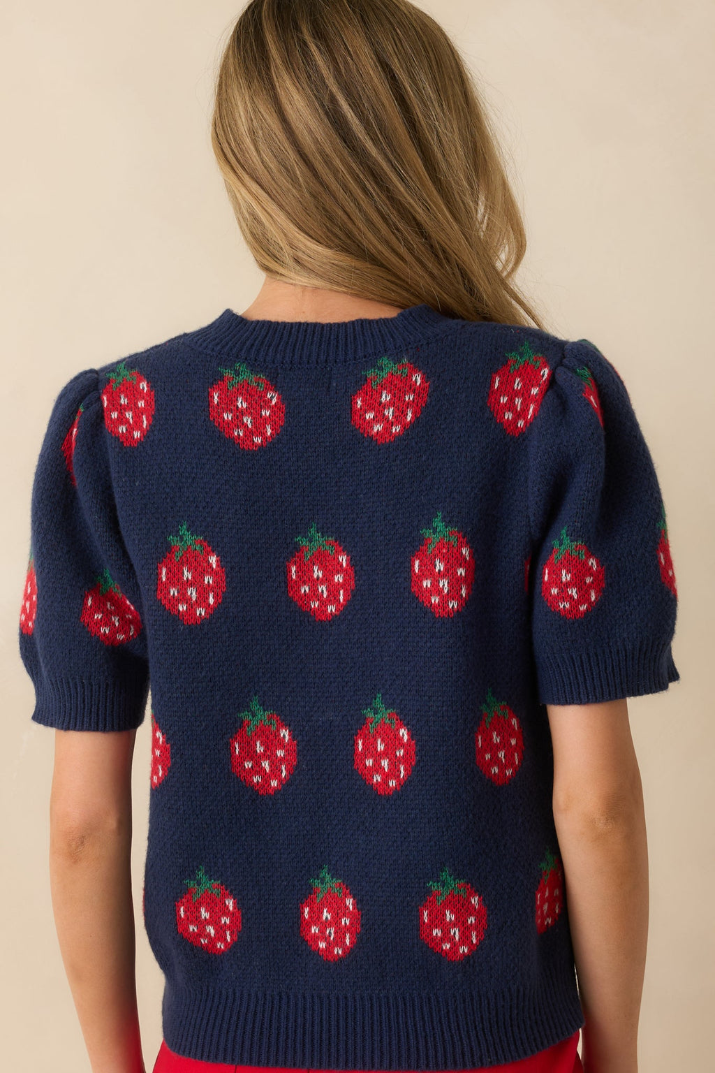 Just My Jam Navy Strawberry Knit Short Sleeve Sweater