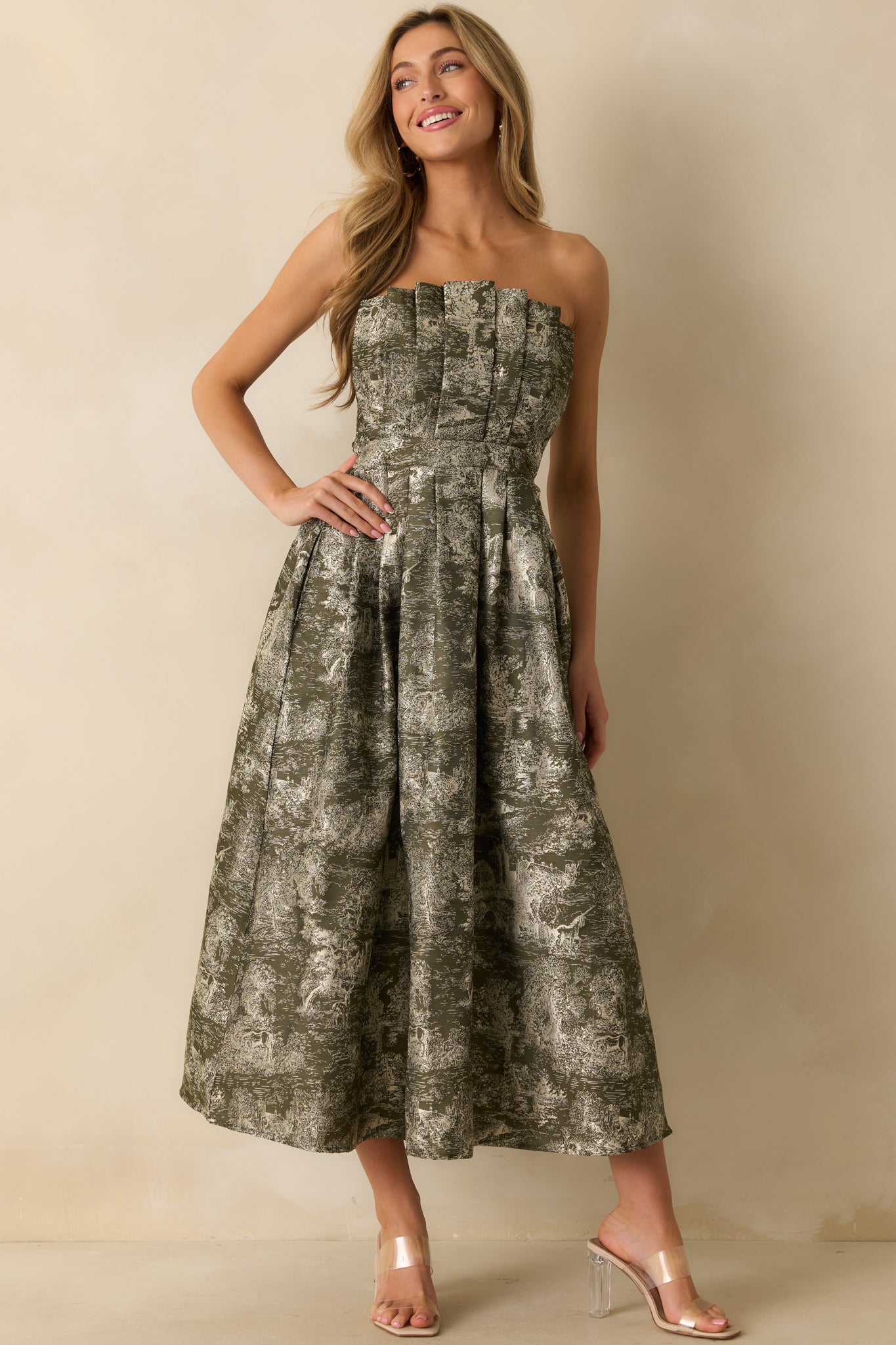 The Genevieve Olive Storybook Toile Jacquard Strapless Midi Dress